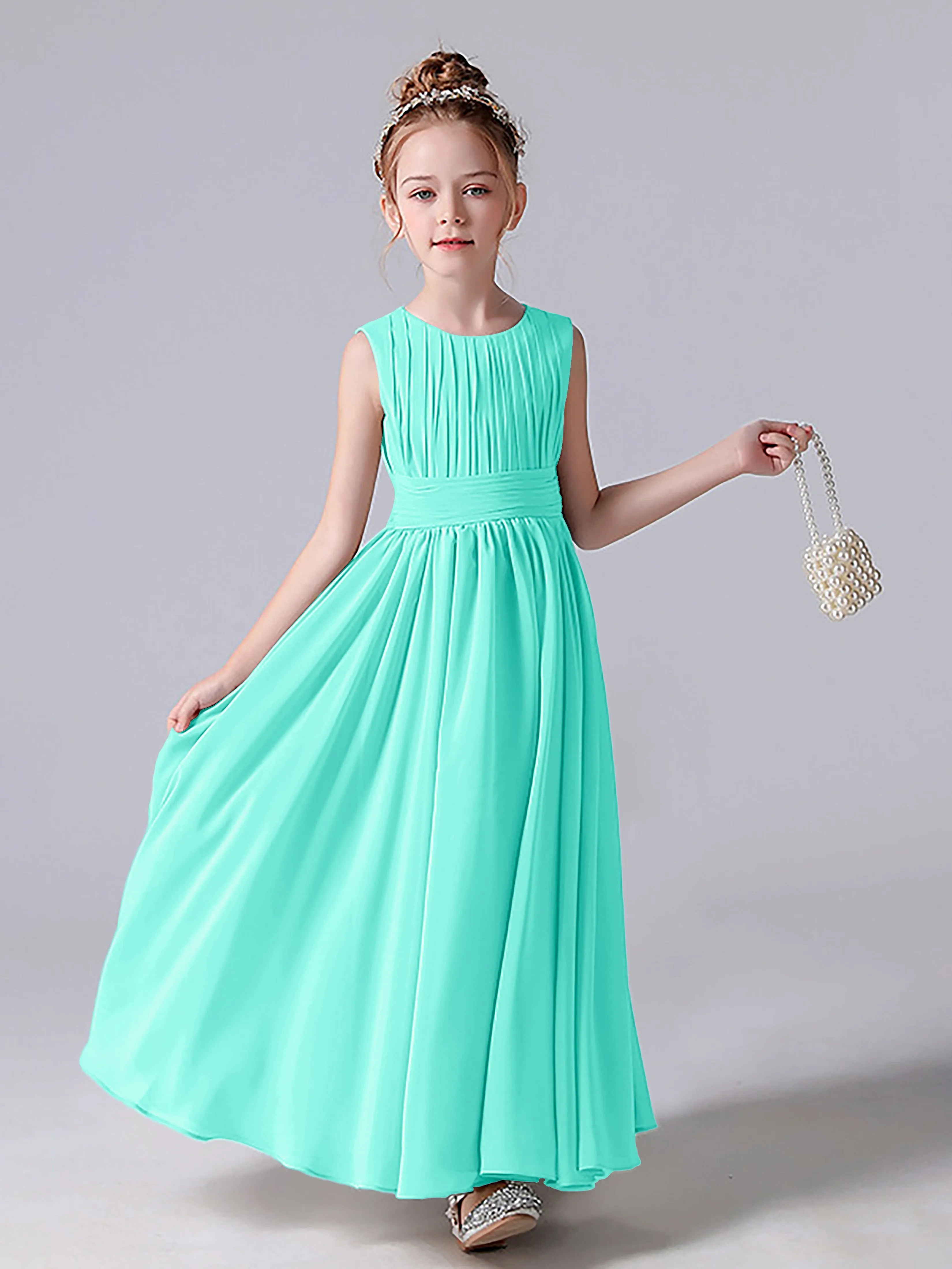 Pleats Scoop Sleeveless Junior Bridesmaid Dress