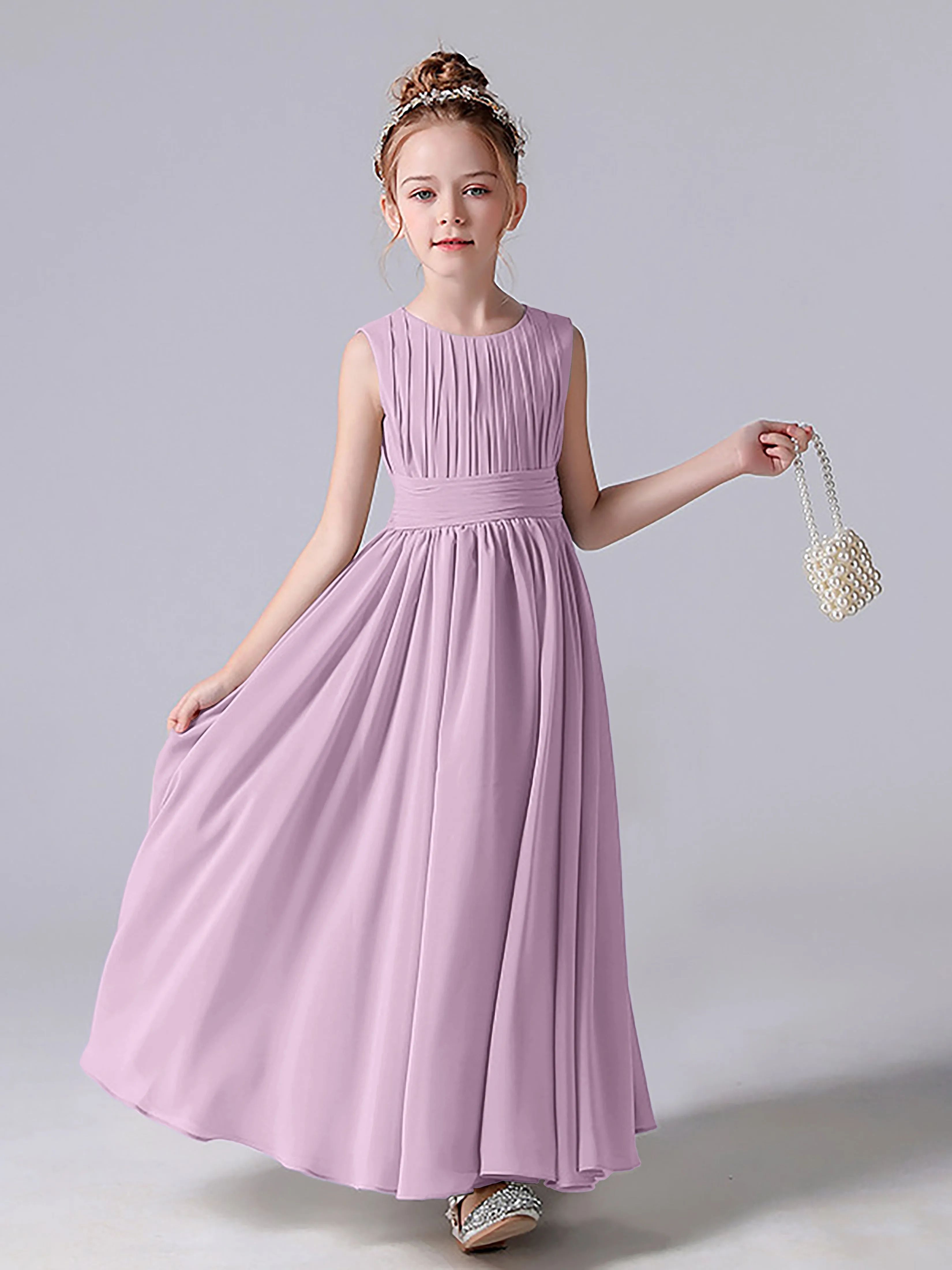 Pleats Scoop Sleeveless Junior Bridesmaid Dress