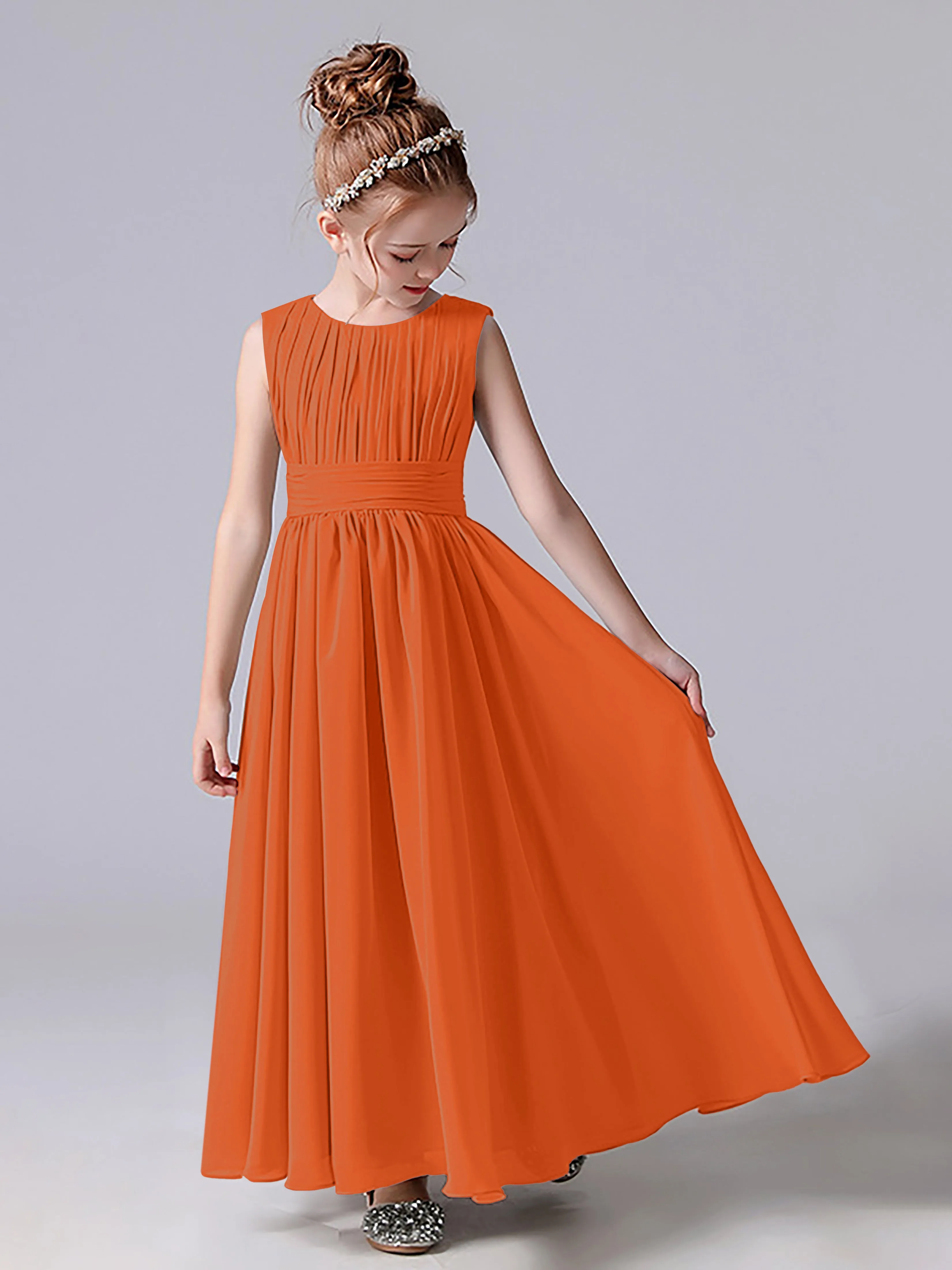 Pleats Scoop Sleeveless Junior Bridesmaid Dress