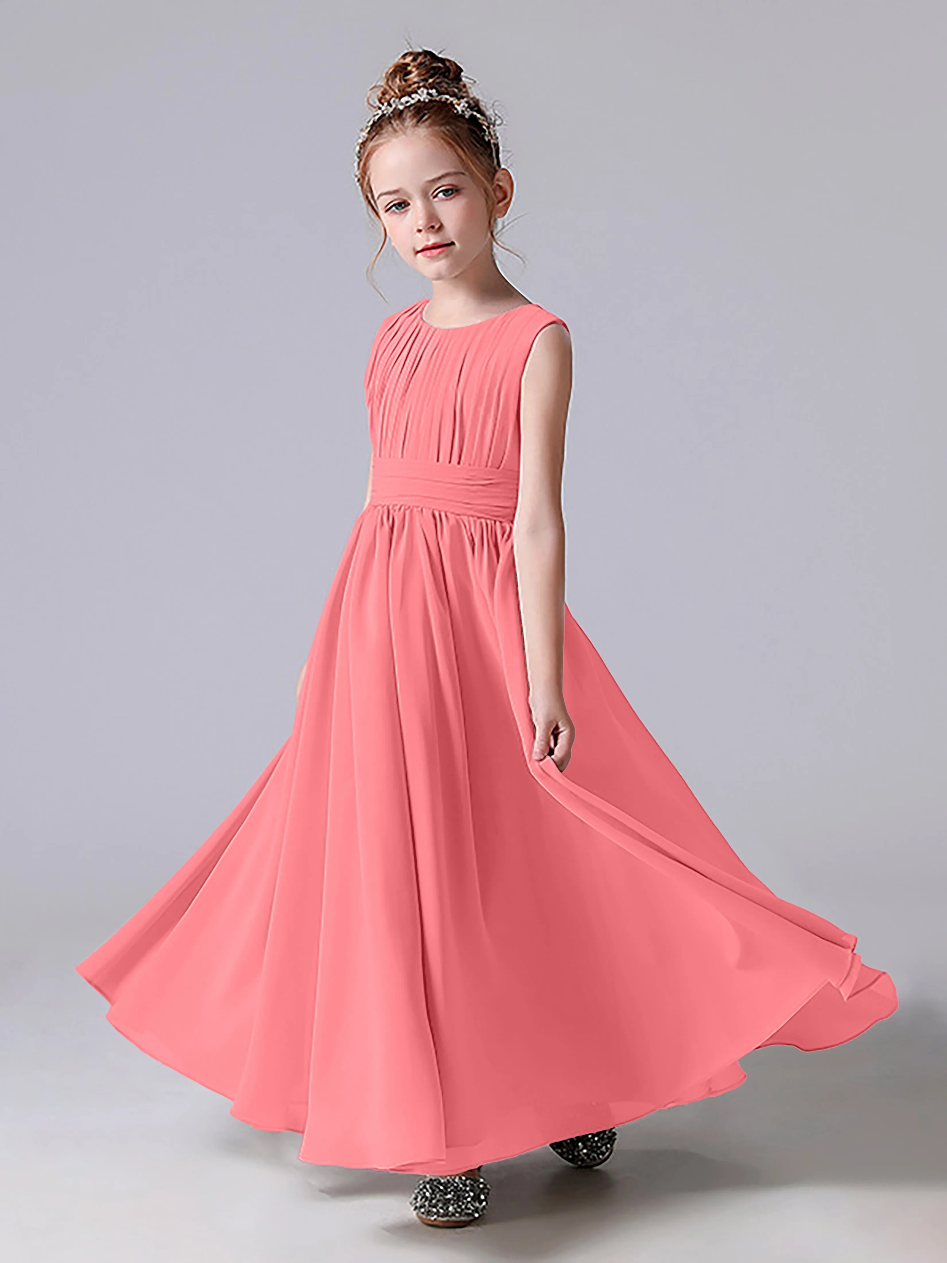 Pleats Scoop Sleeveless Junior Bridesmaid Dress