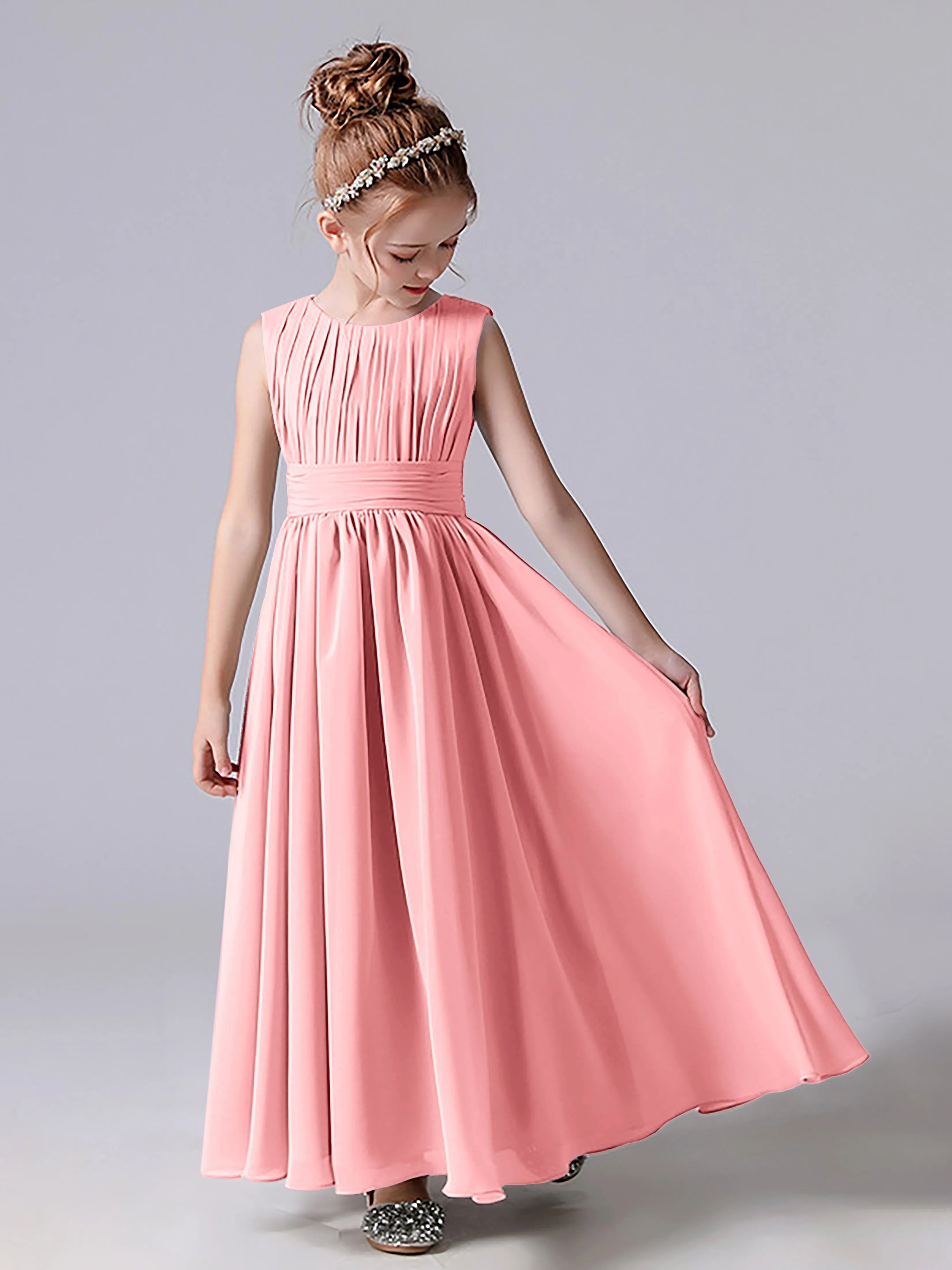 Pleats Scoop Sleeveless Junior Bridesmaid Dress