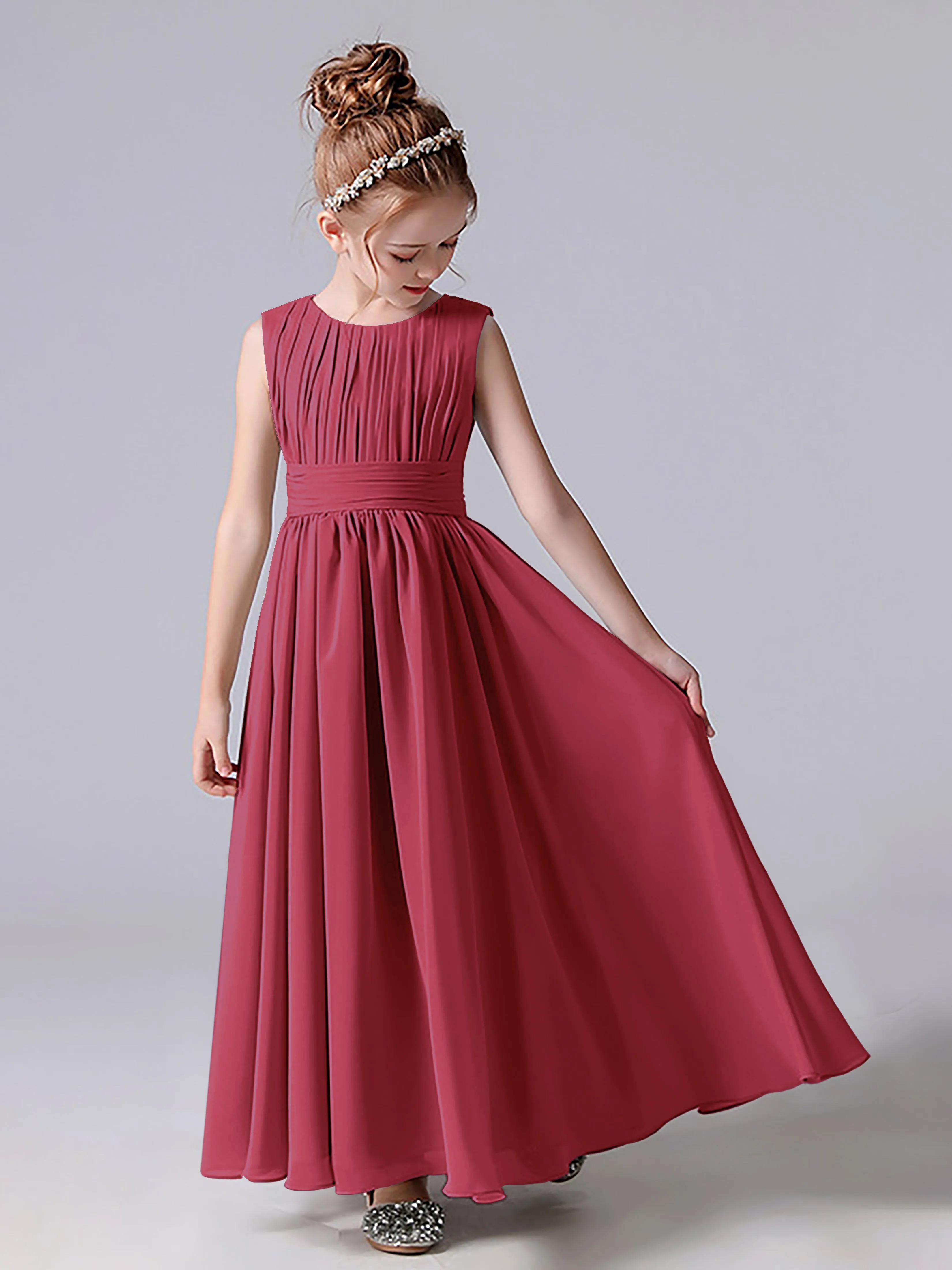 Pleats Scoop Sleeveless Junior Bridesmaid Dress