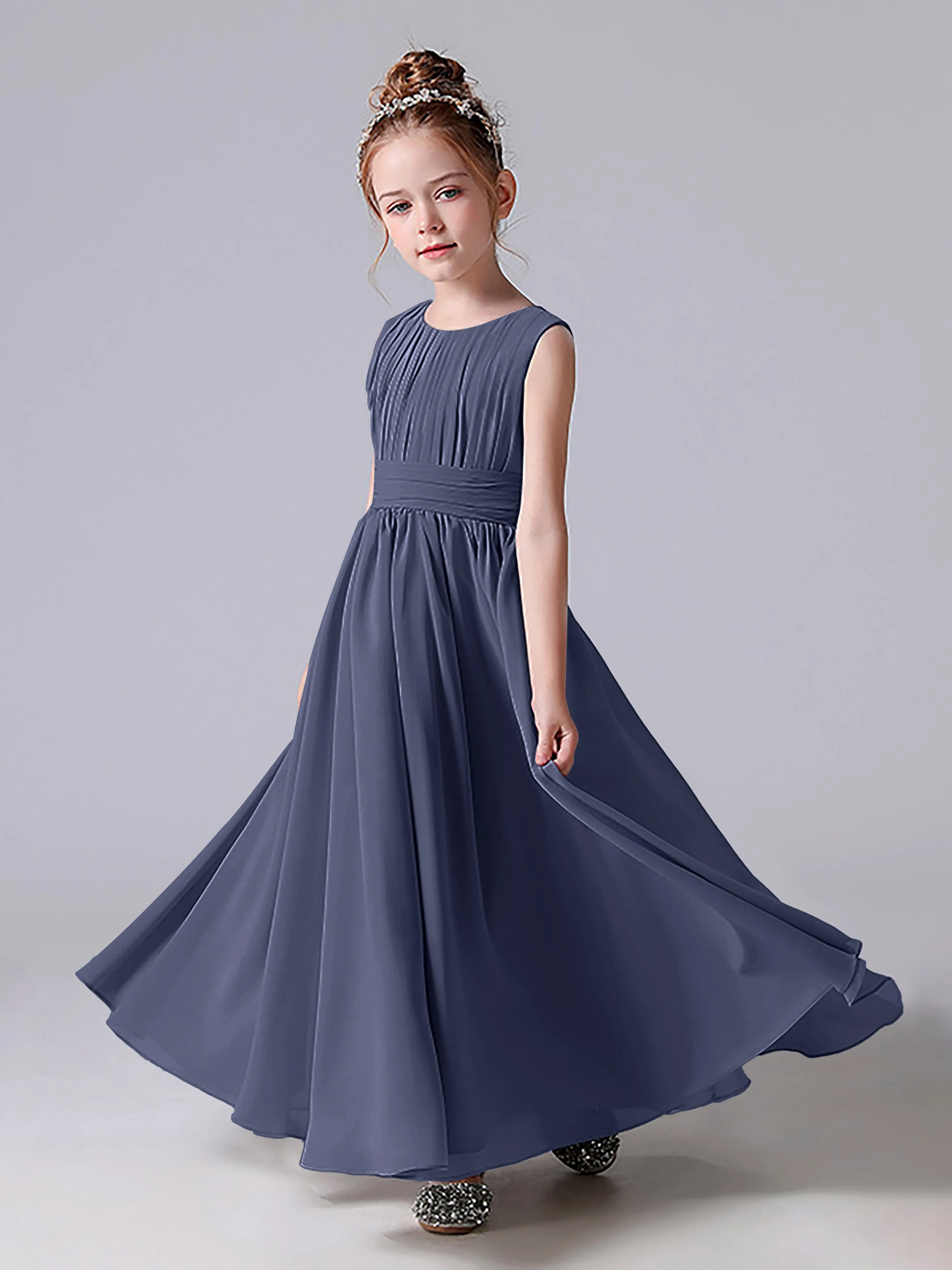 Pleats Scoop Sleeveless Junior Bridesmaid Dress