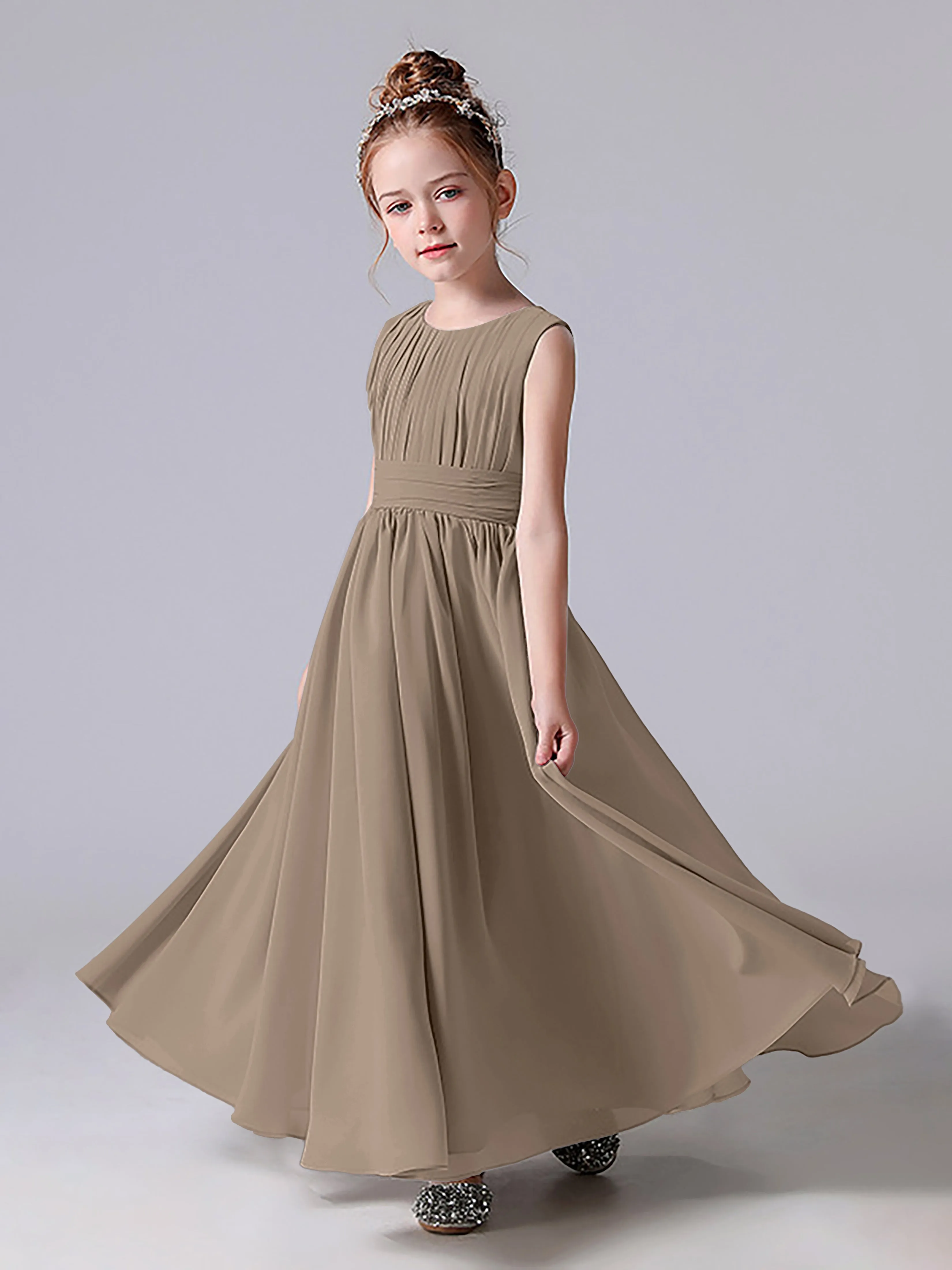 Pleats Scoop Sleeveless Junior Bridesmaid Dress