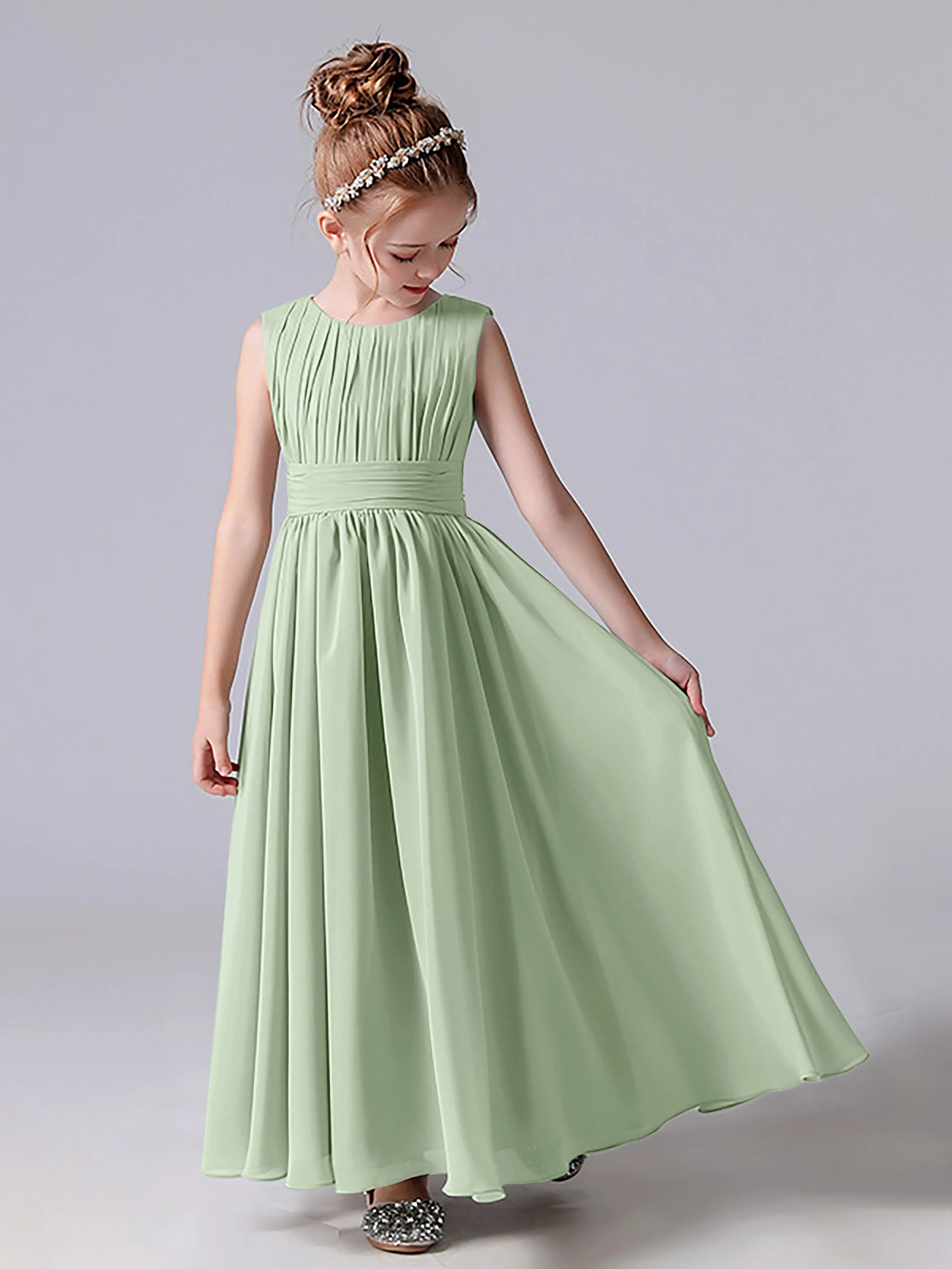 Pleats Scoop Sleeveless Junior Bridesmaid Dress