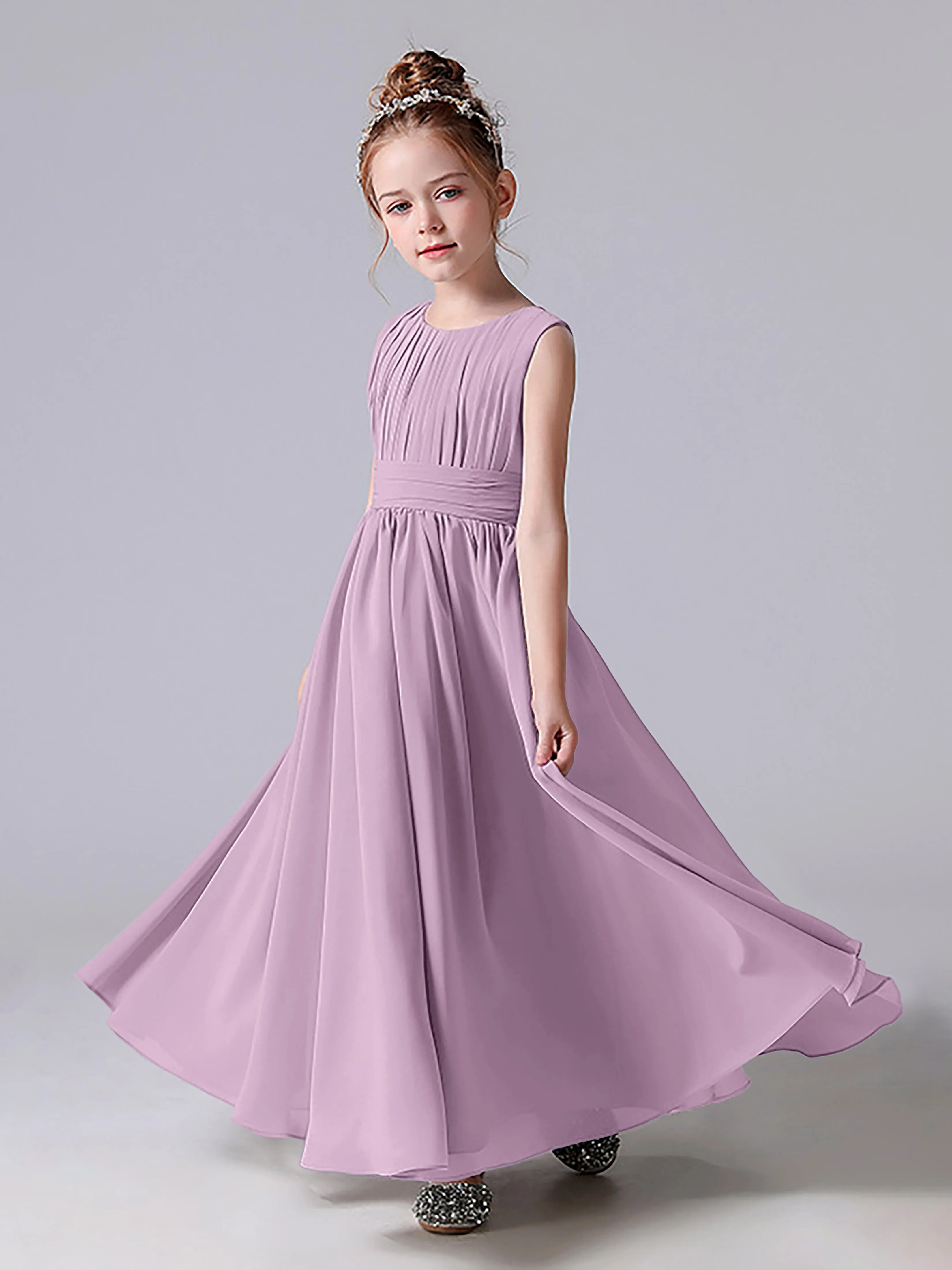 Pleats Scoop Sleeveless Junior Bridesmaid Dress