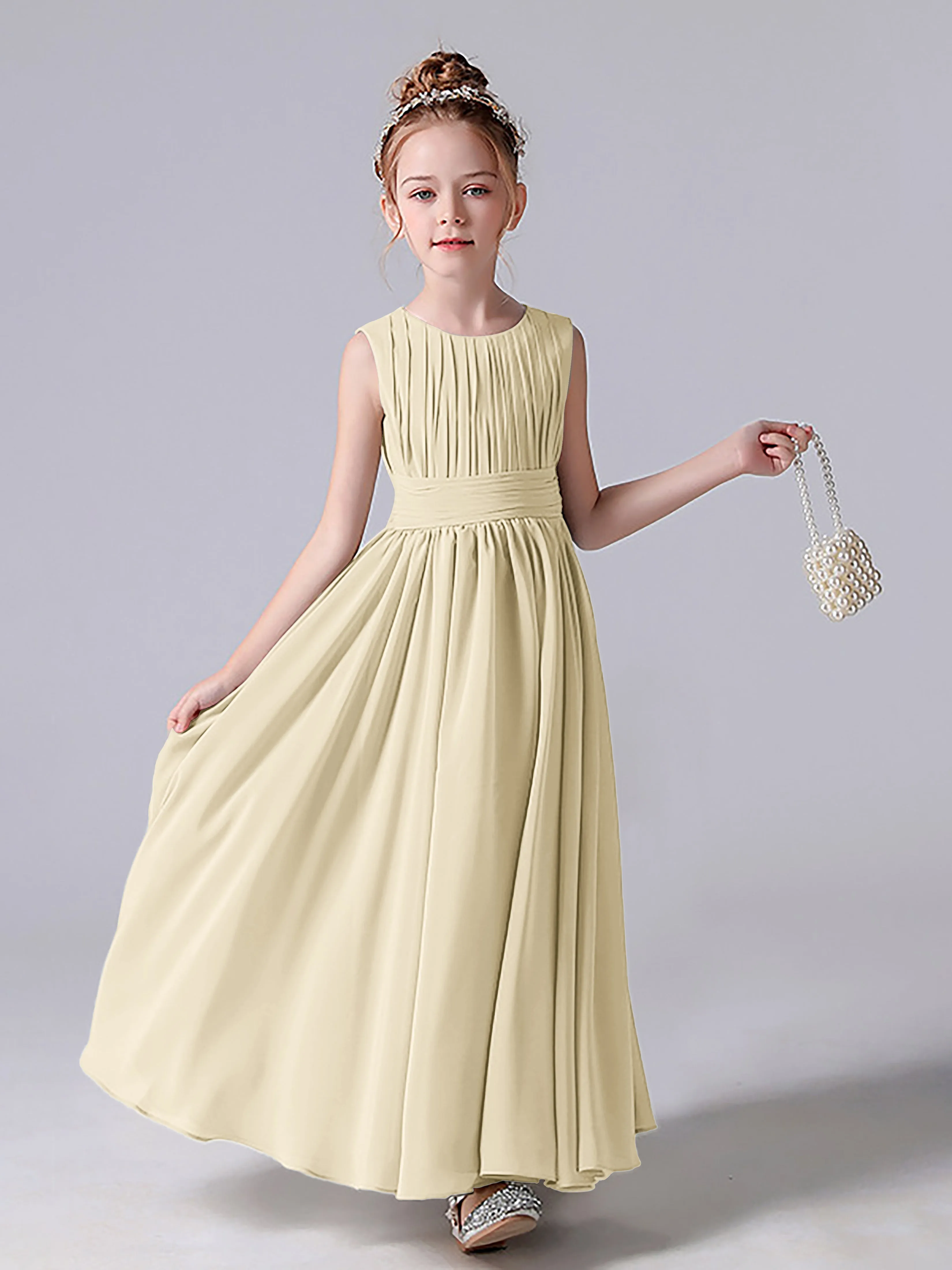 Pleats Scoop Sleeveless Junior Bridesmaid Dress