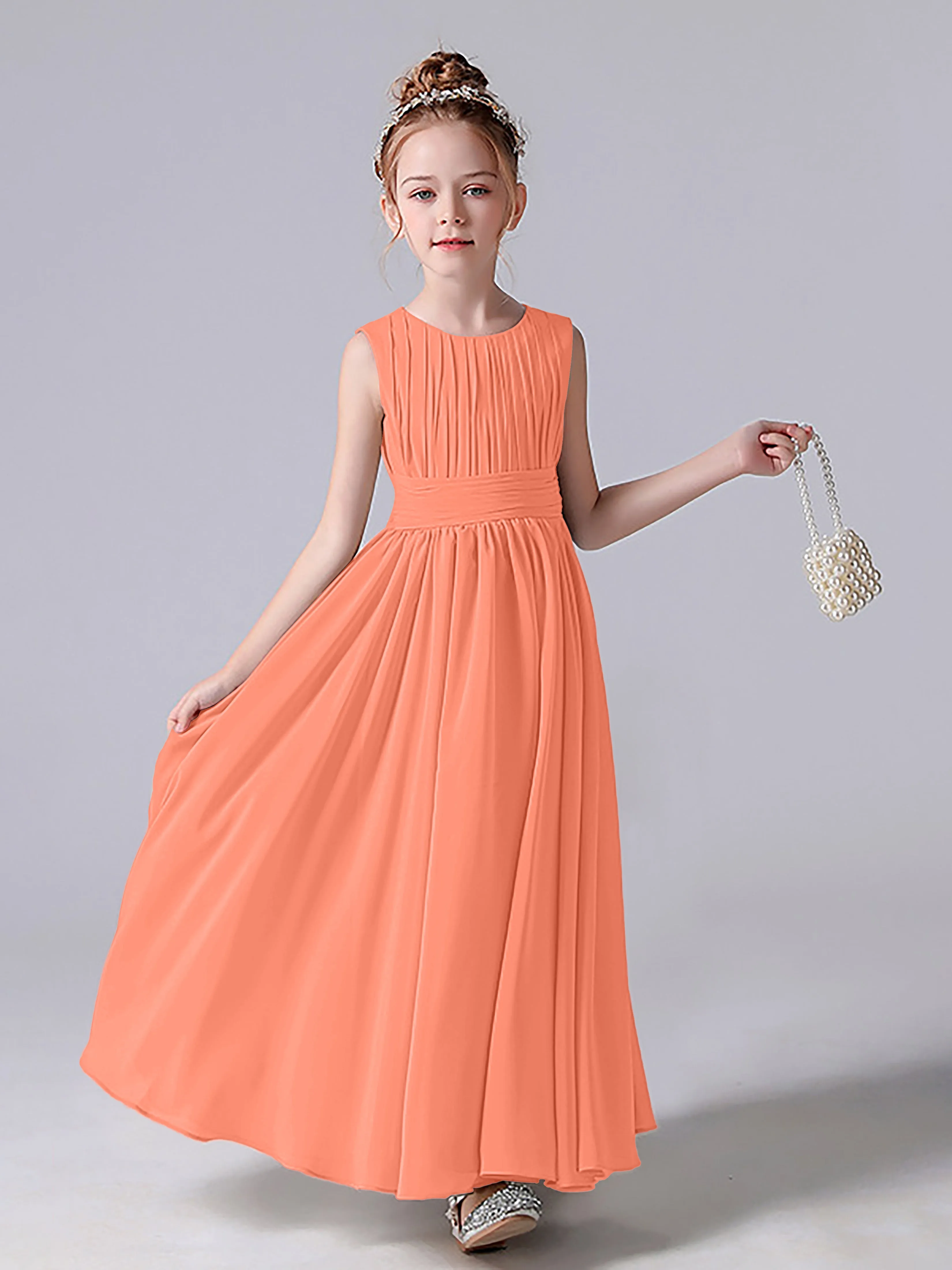 Pleats Scoop Sleeveless Junior Bridesmaid Dress