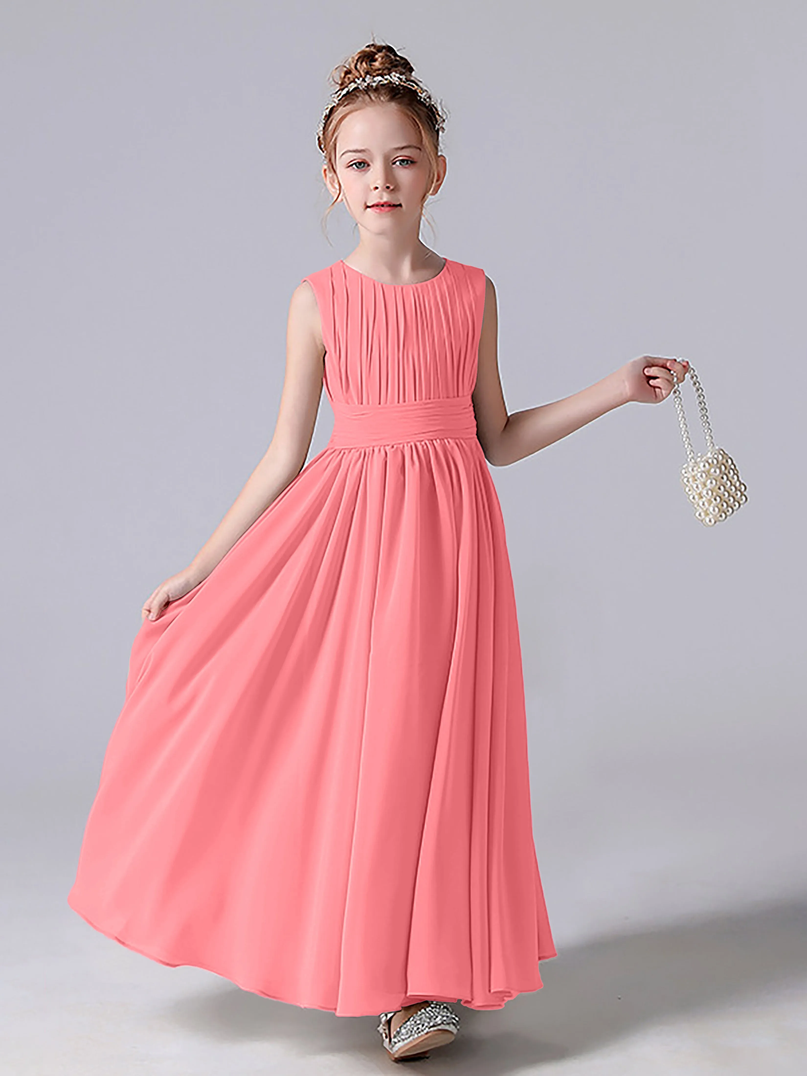 Pleats Scoop Sleeveless Junior Bridesmaid Dress