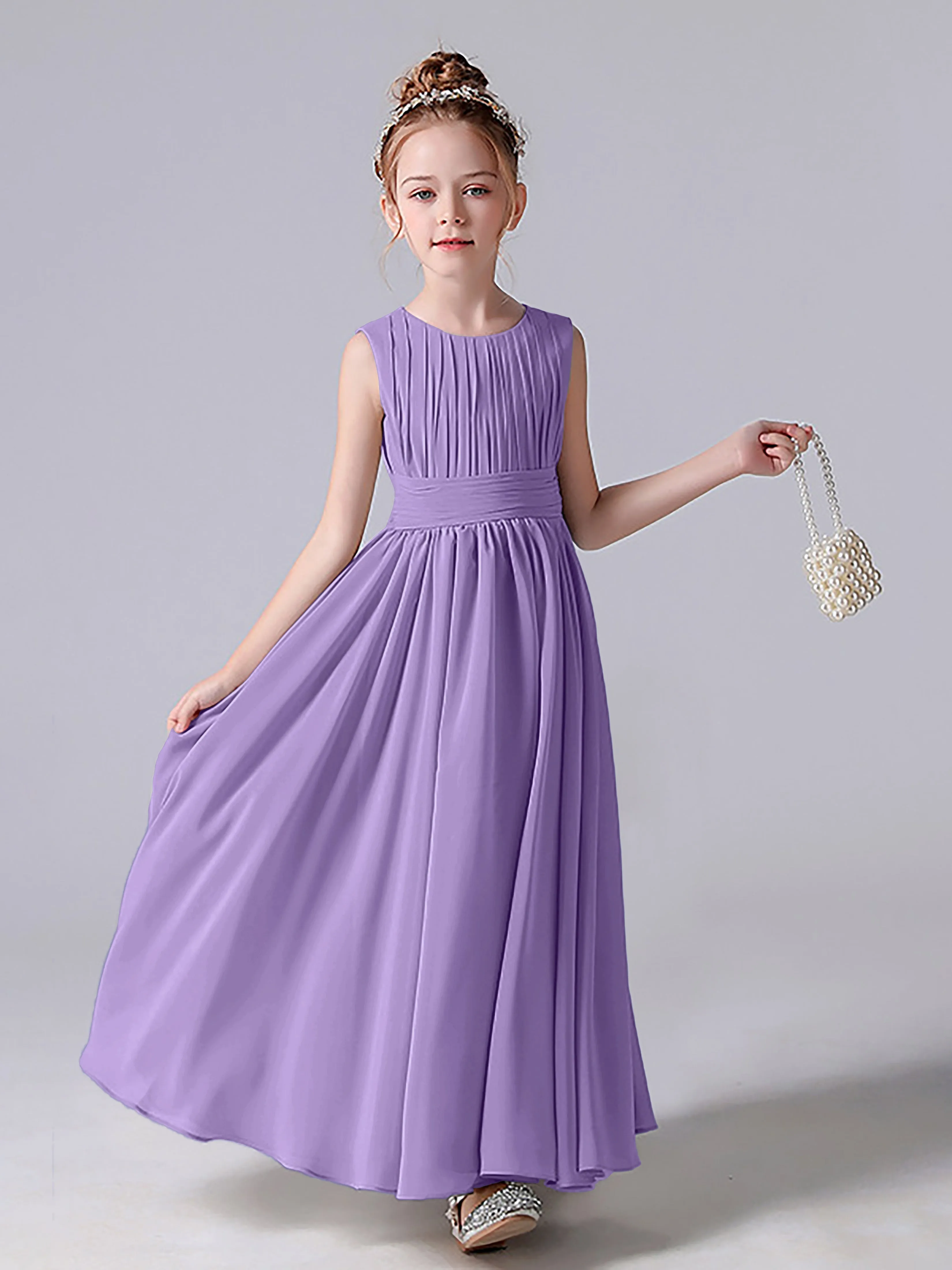 Pleats Scoop Sleeveless Junior Bridesmaid Dress