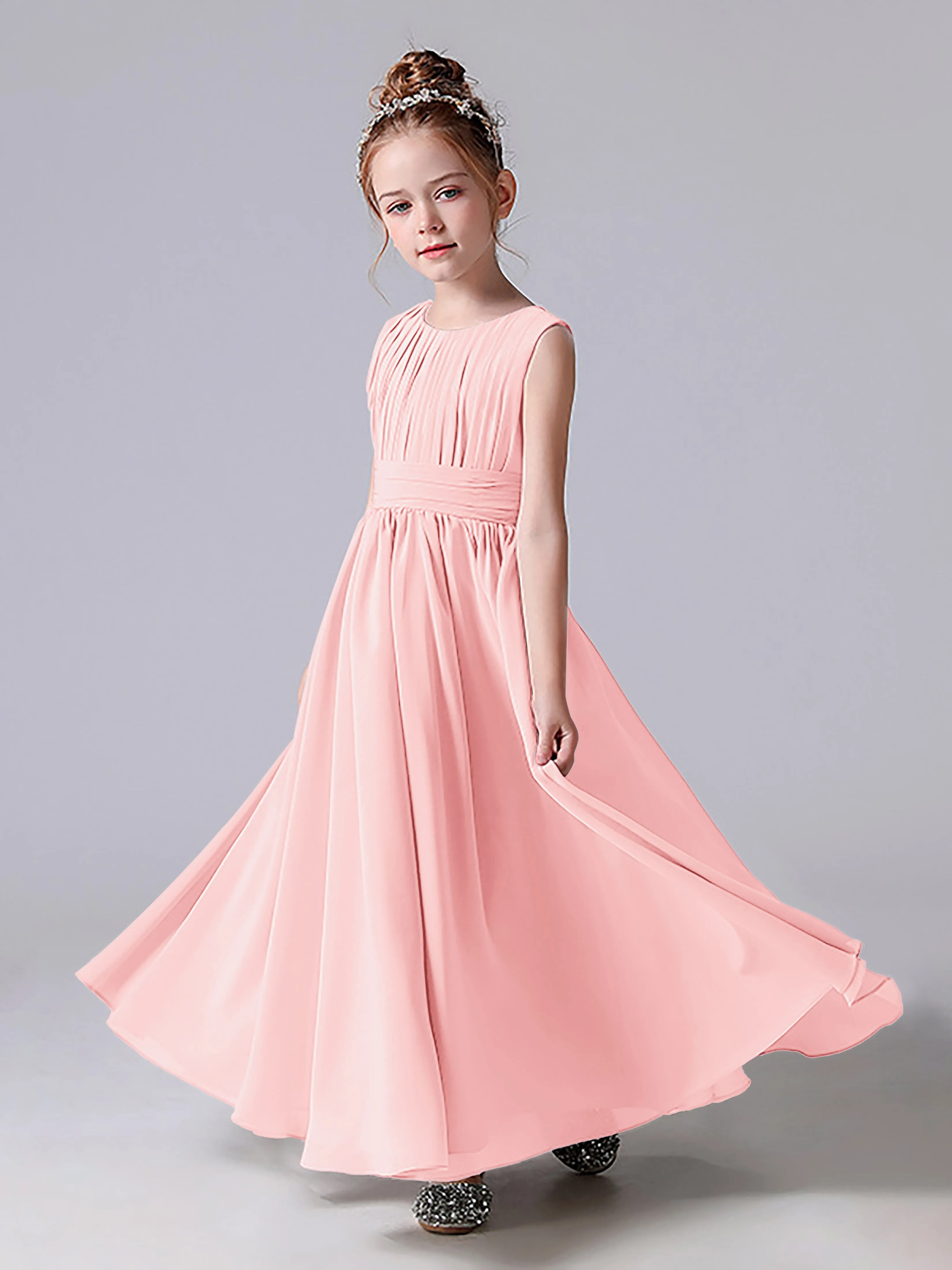 Pleats Scoop Sleeveless Junior Bridesmaid Dress