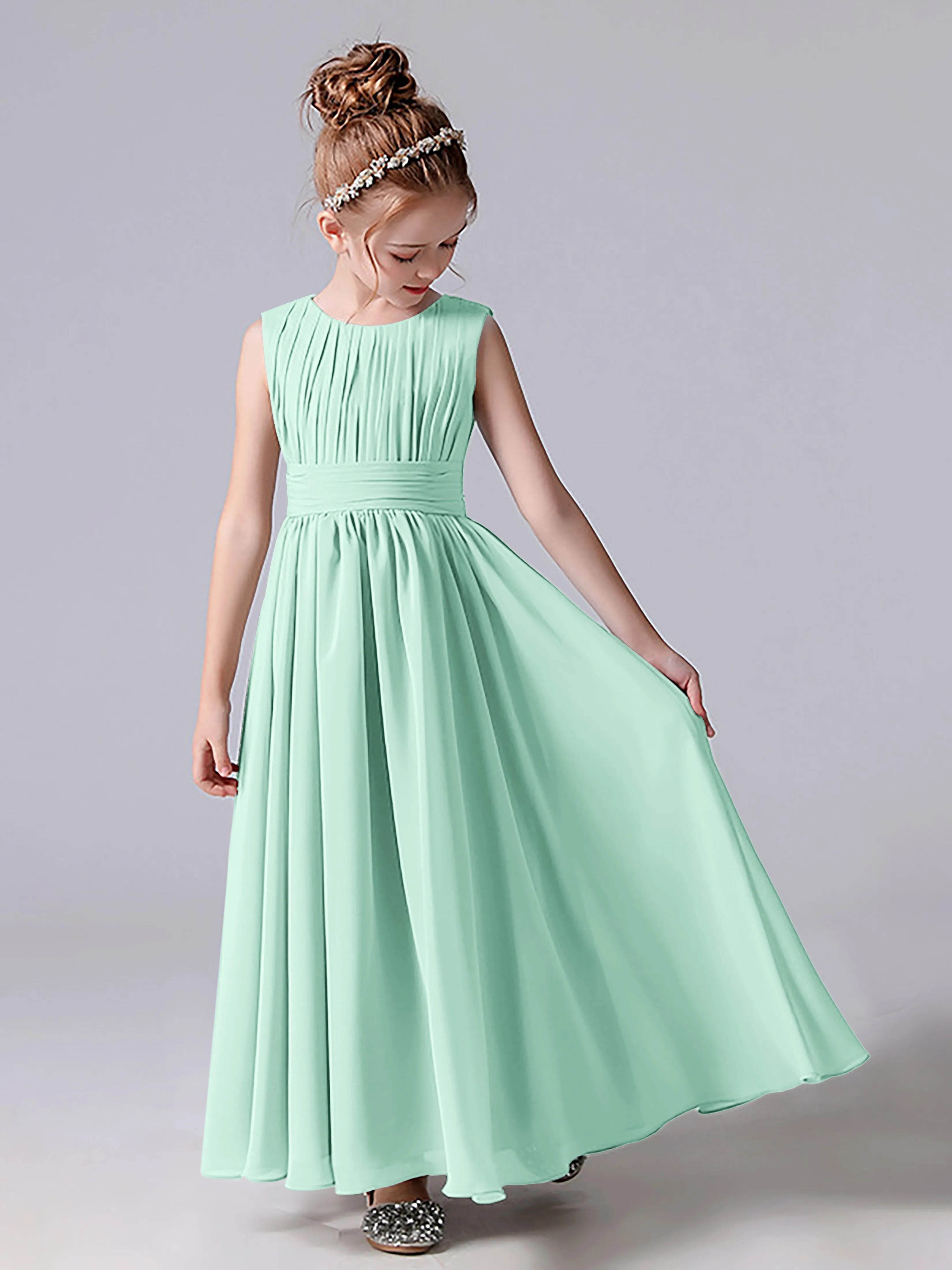 Pleats Scoop Sleeveless Junior Bridesmaid Dress