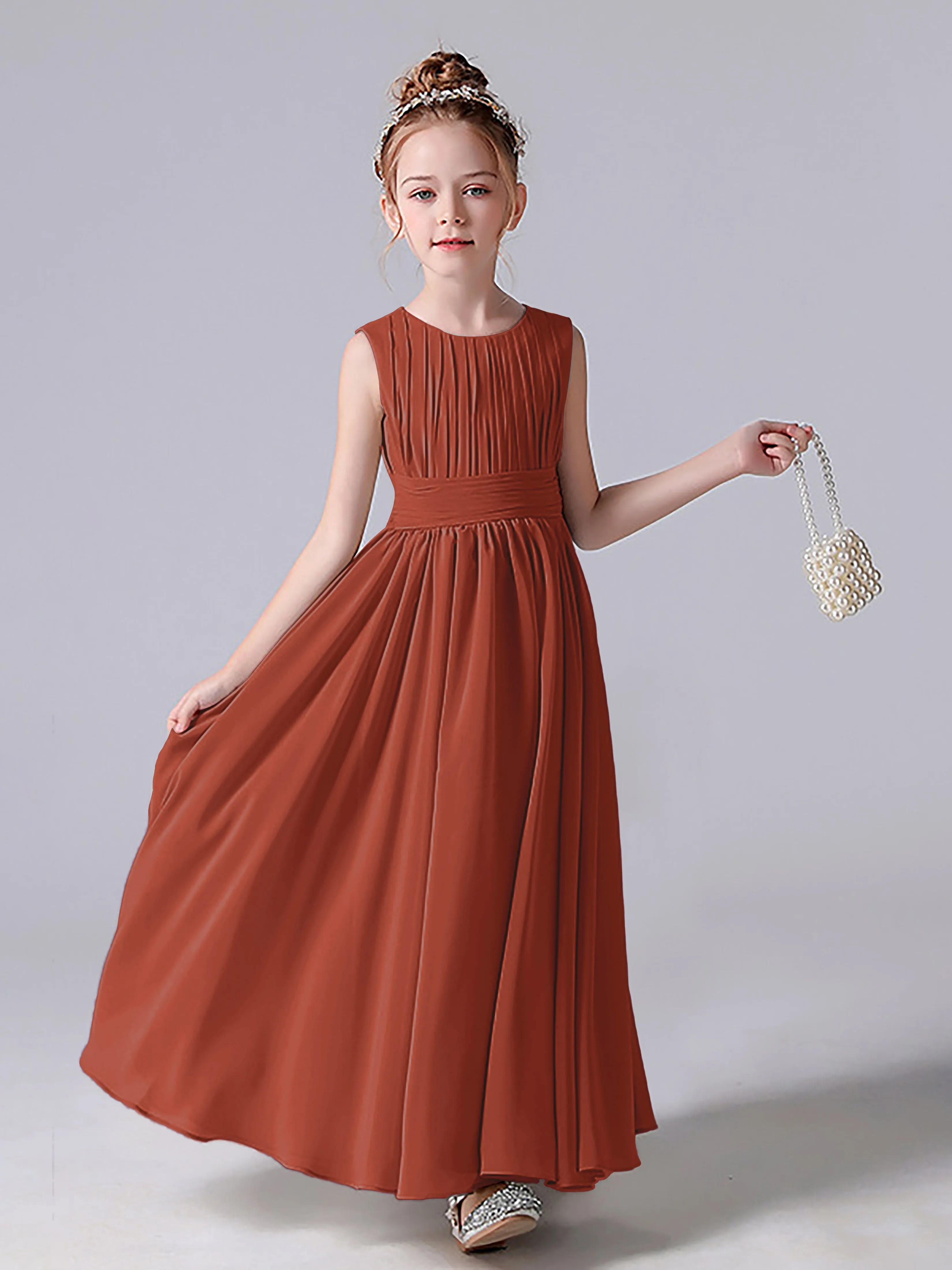 Pleats Scoop Sleeveless Junior Bridesmaid Dress