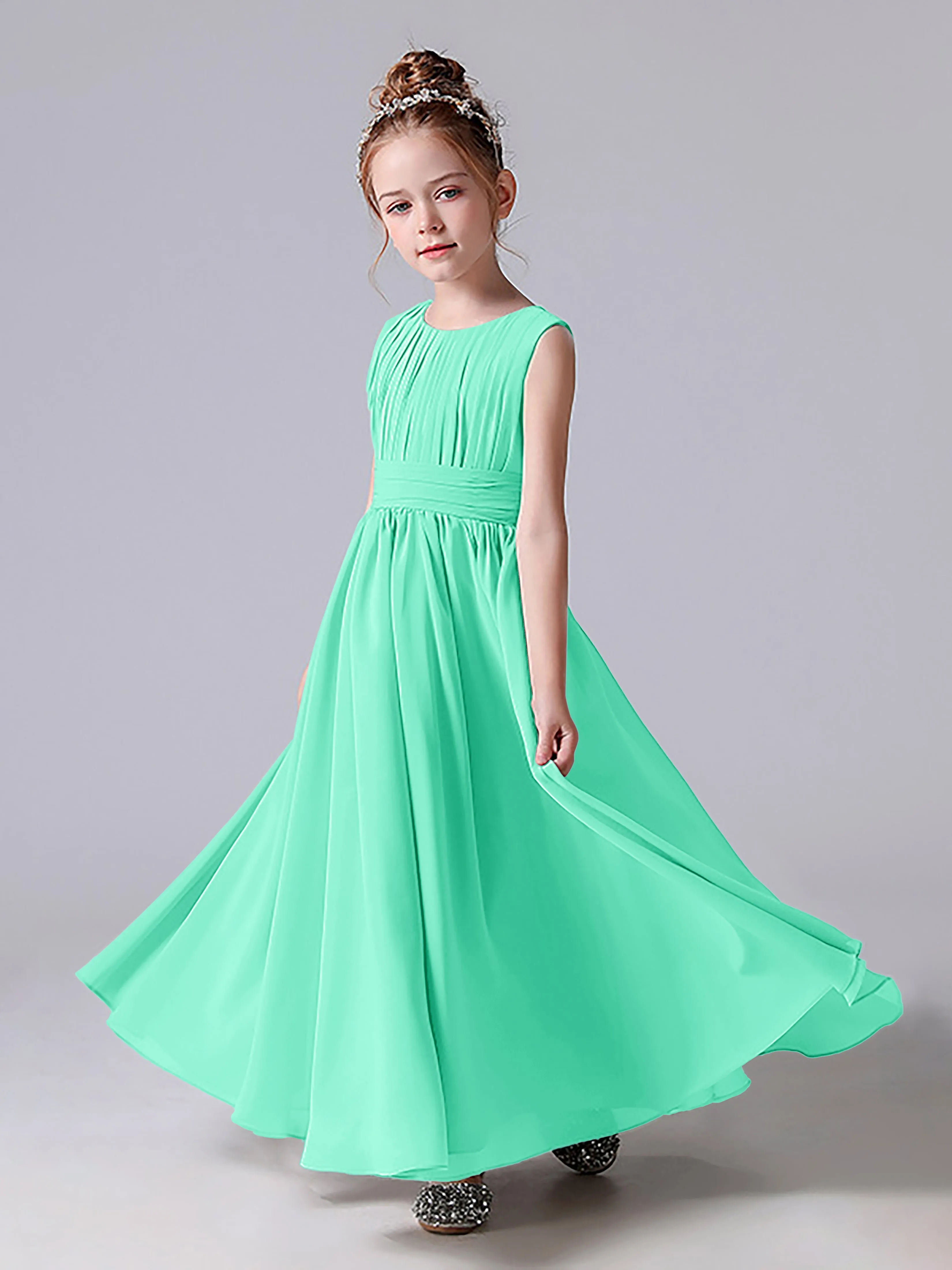 Pleats Scoop Sleeveless Junior Bridesmaid Dress