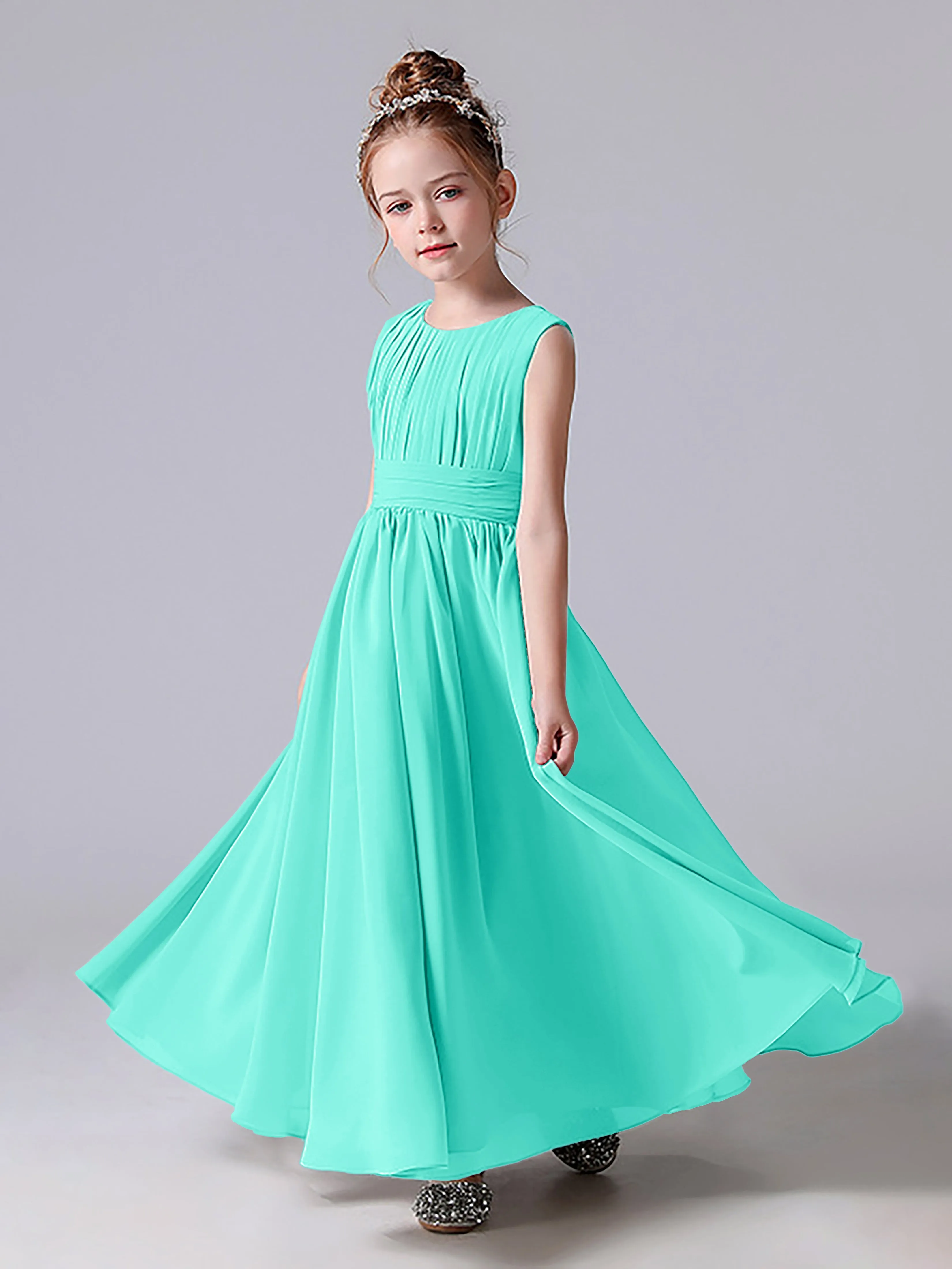 Pleats Scoop Sleeveless Junior Bridesmaid Dress