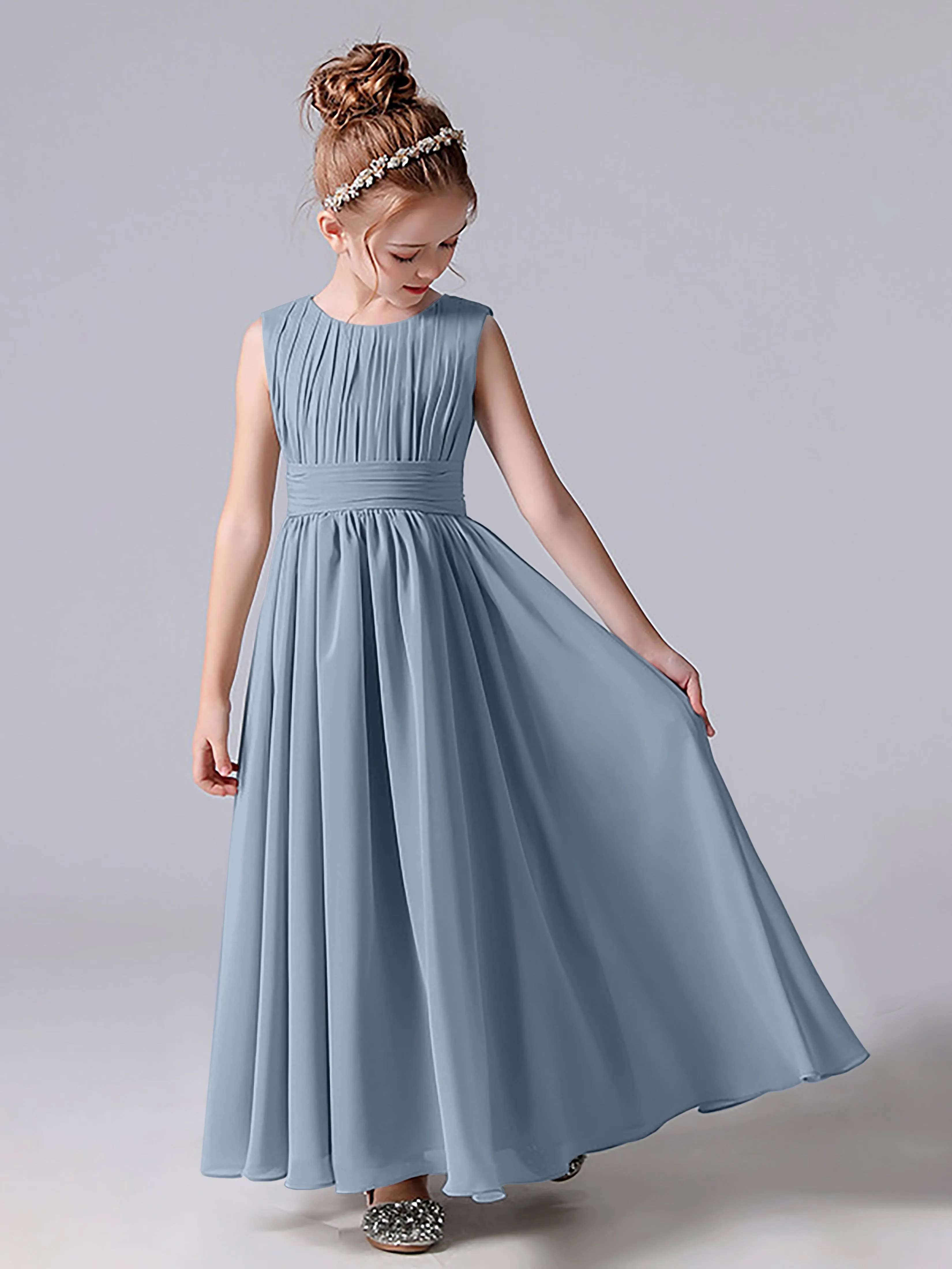 Pleats Scoop Sleeveless Junior Bridesmaid Dress