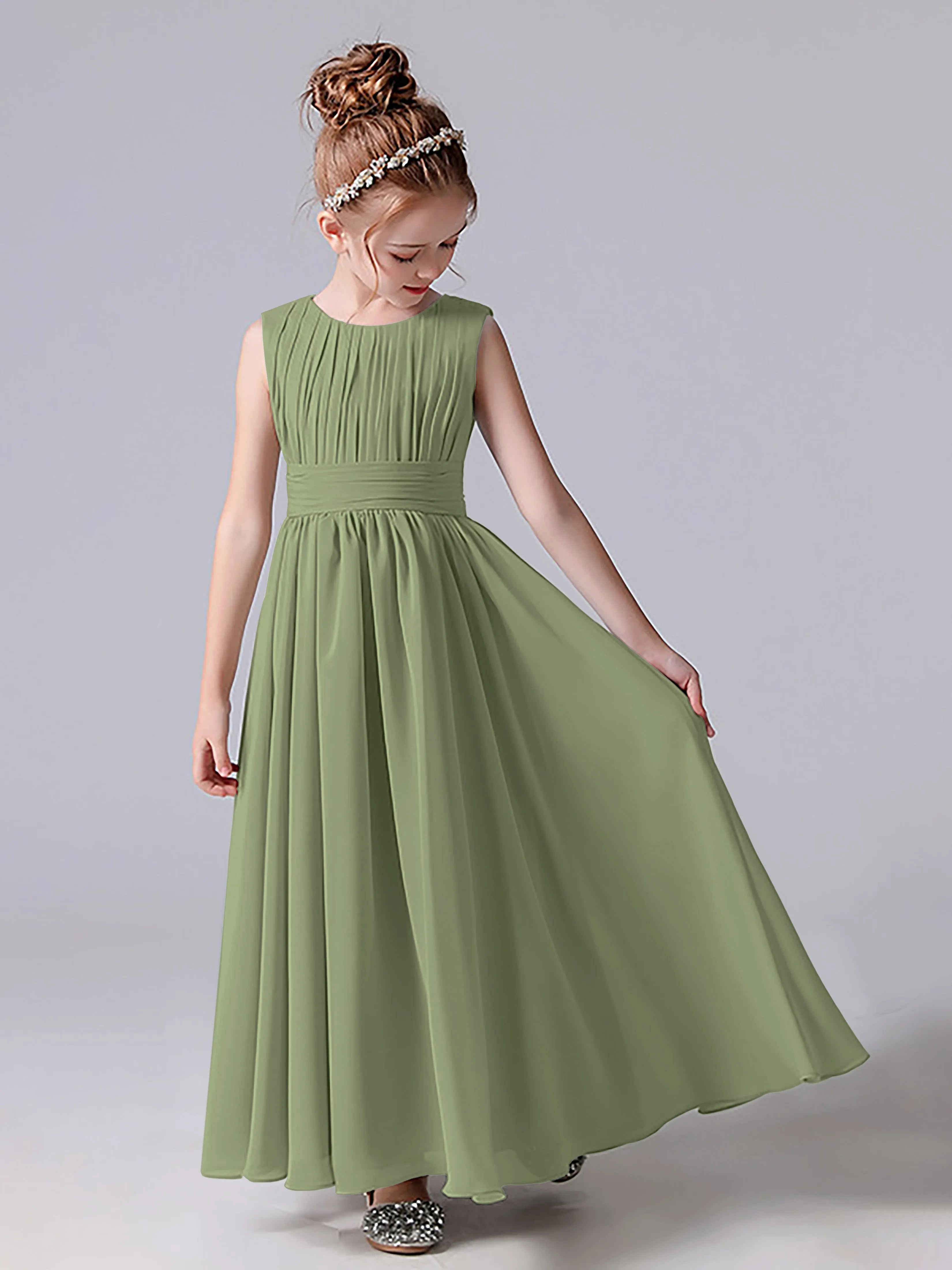 Pleats Scoop Sleeveless Junior Bridesmaid Dress