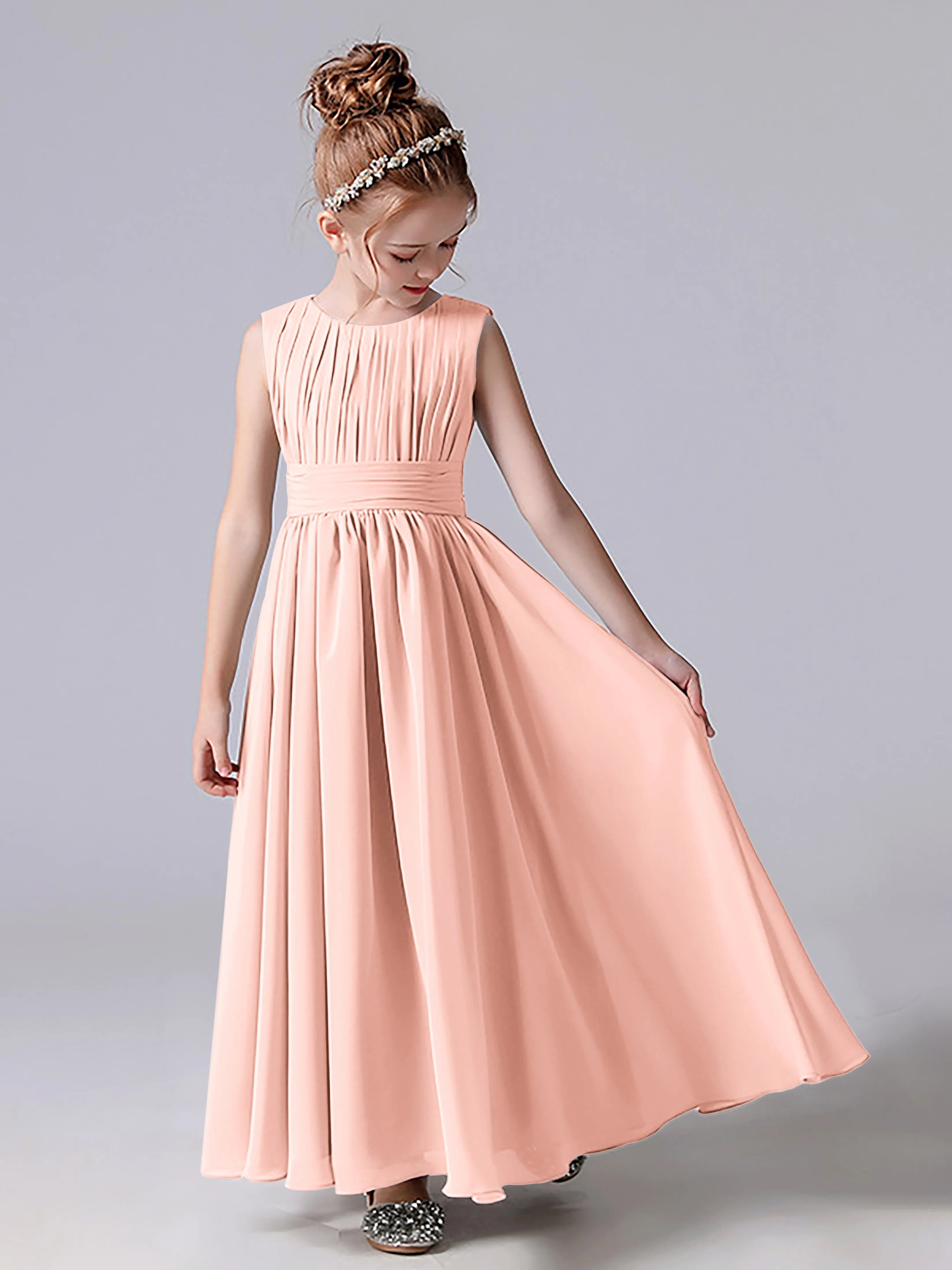 Pleats Scoop Sleeveless Junior Bridesmaid Dress