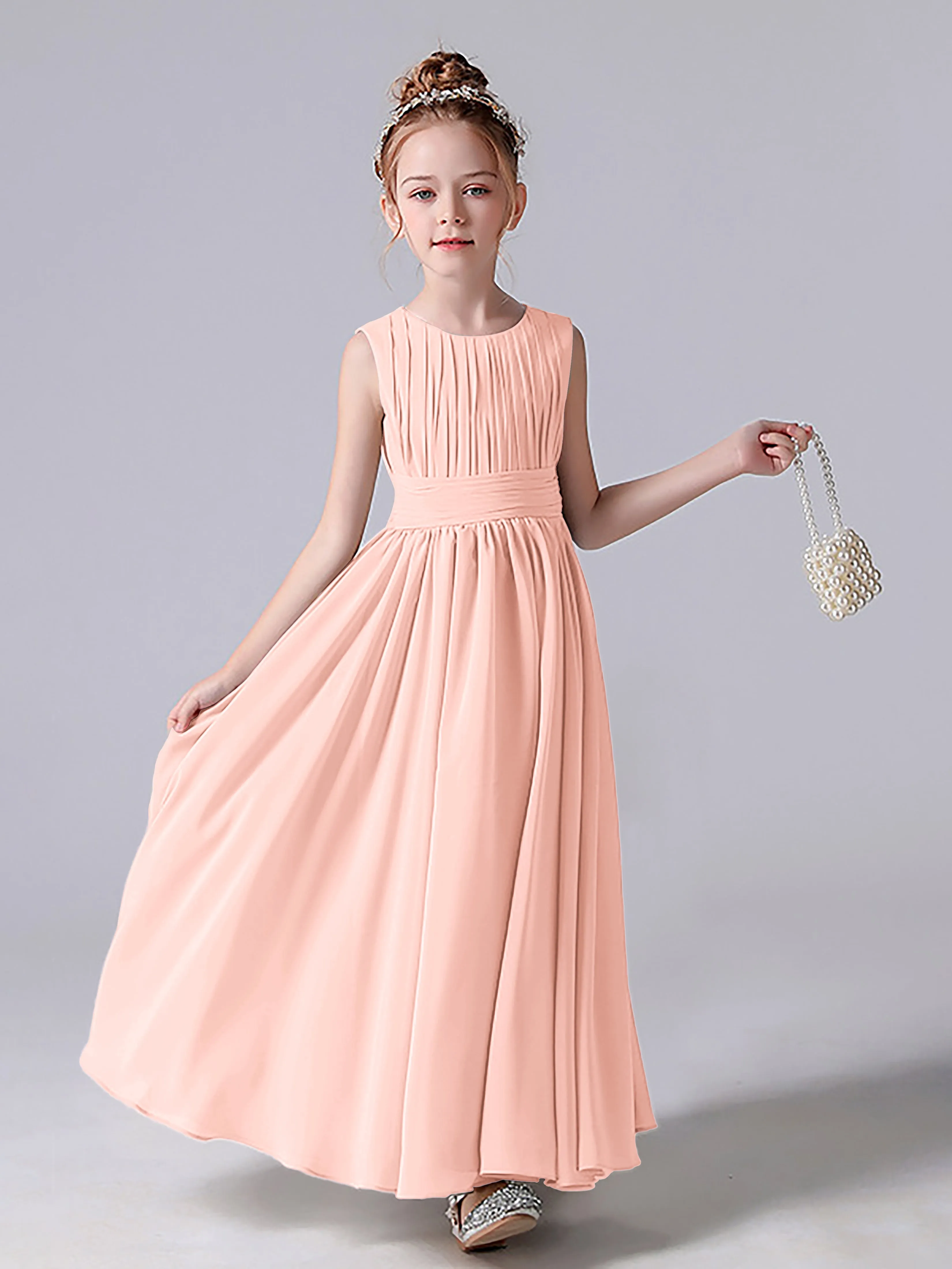 Pleats Scoop Sleeveless Junior Bridesmaid Dress