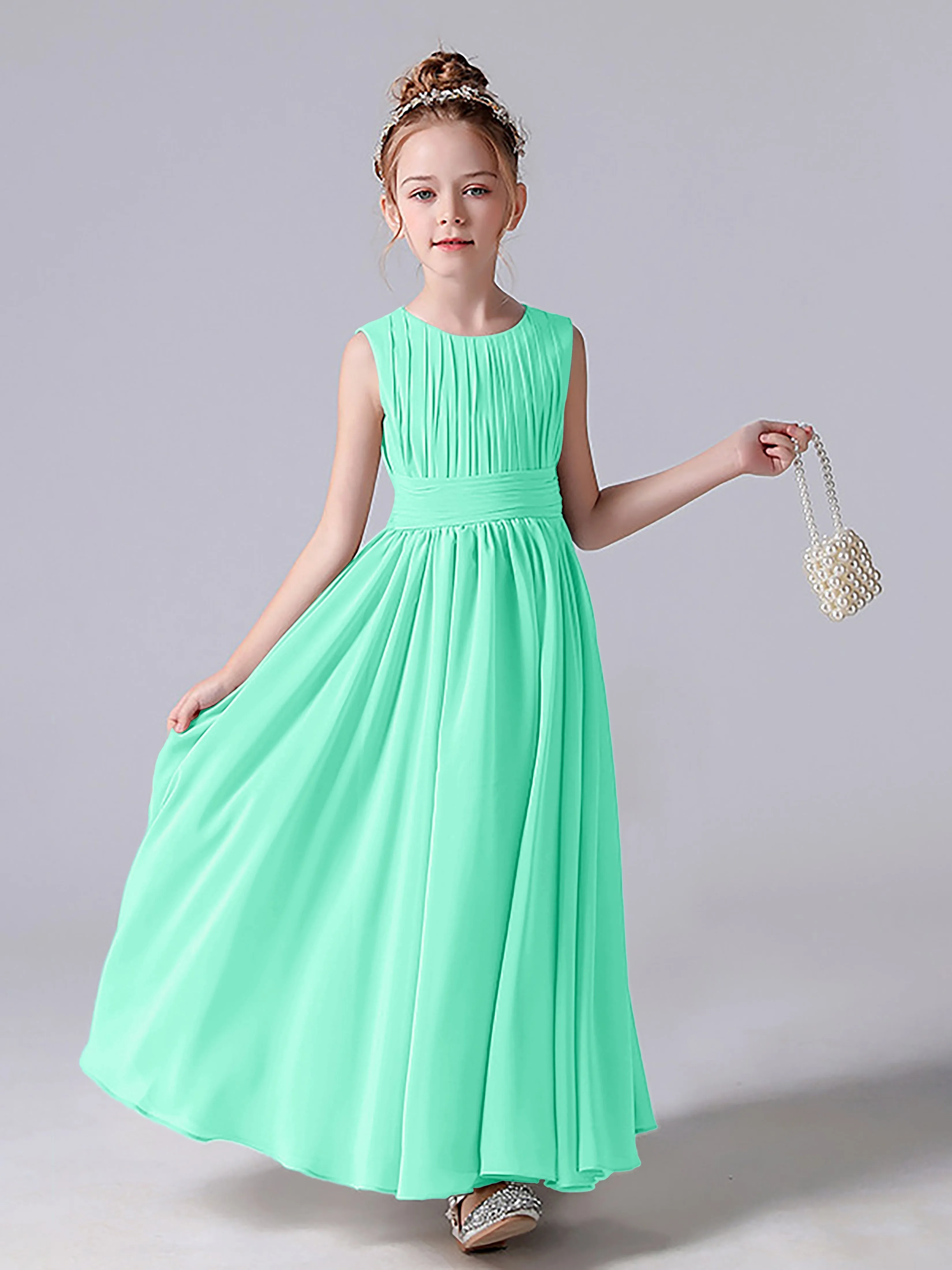 Pleats Scoop Sleeveless Junior Bridesmaid Dress