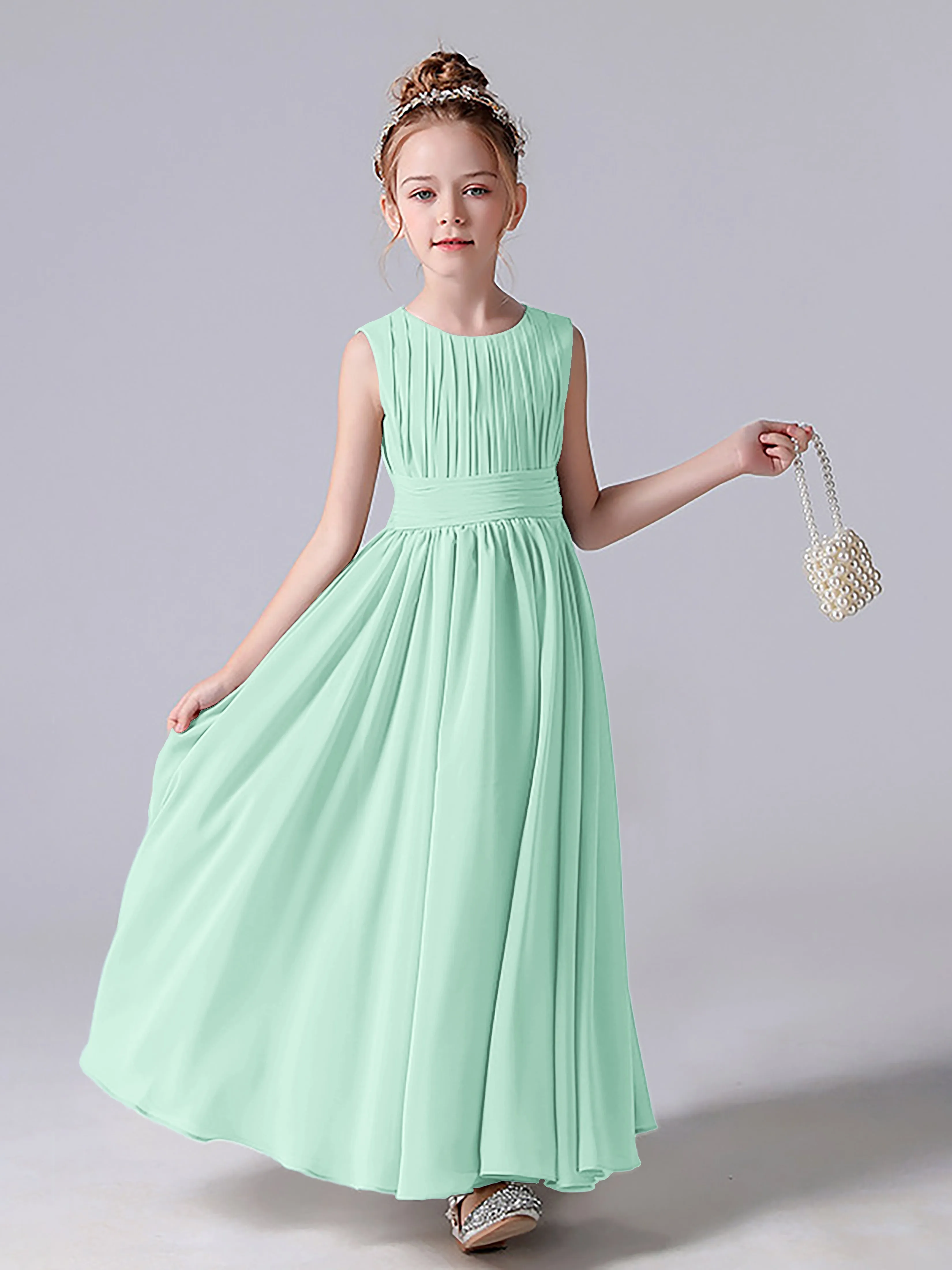 Pleats Scoop Sleeveless Junior Bridesmaid Dress