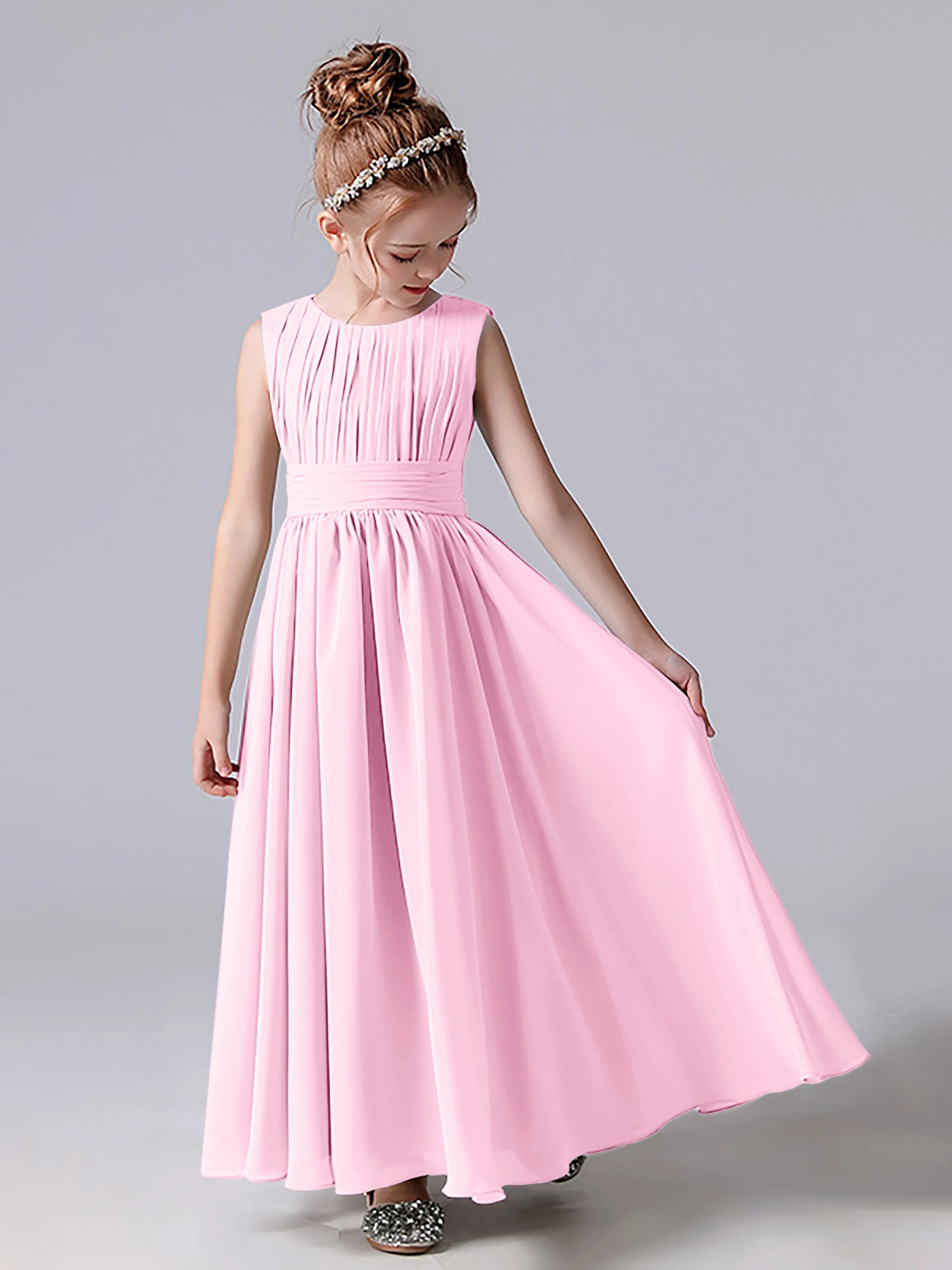 Pleats Scoop Sleeveless Junior Bridesmaid Dress