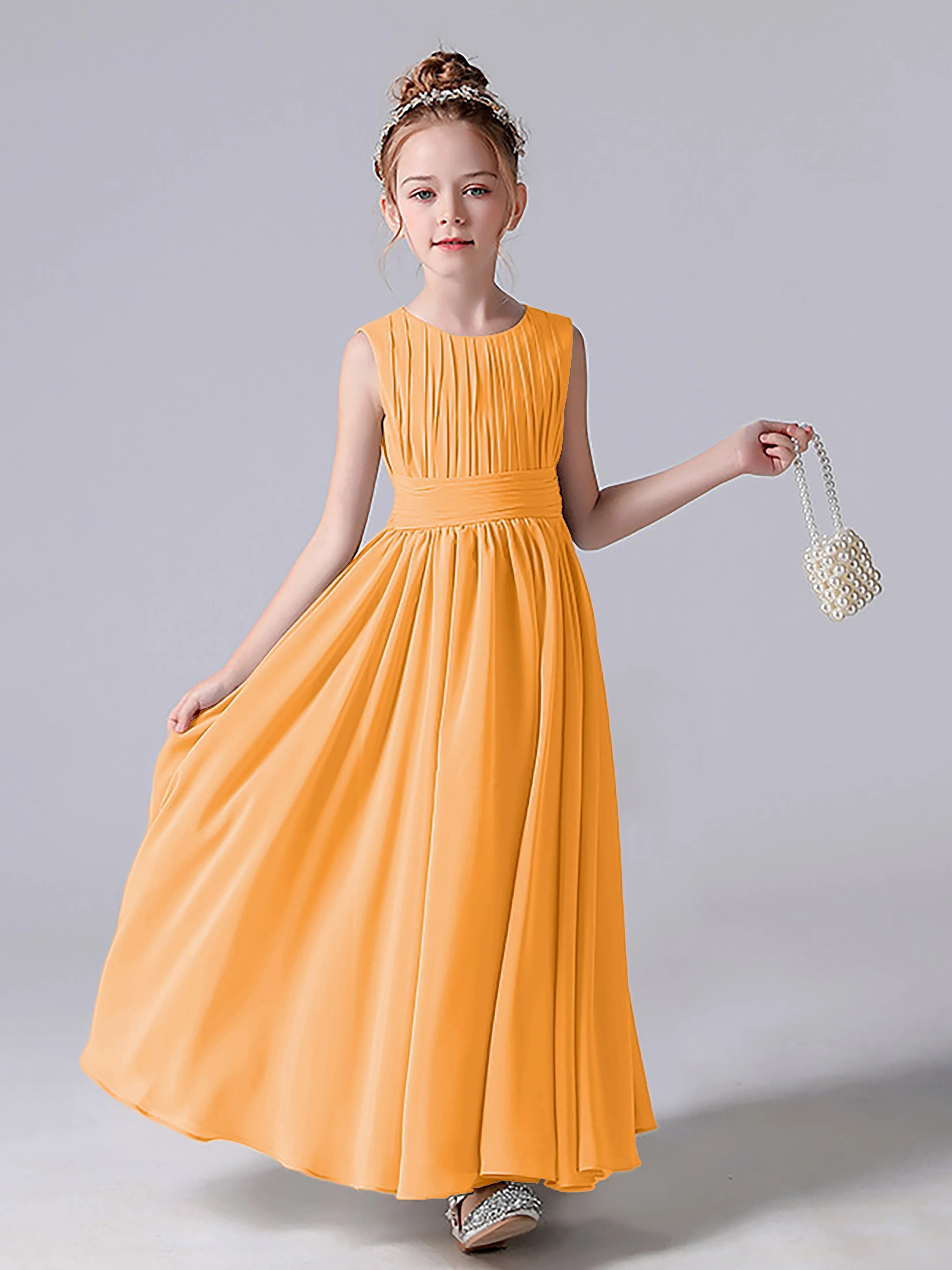 Pleats Scoop Sleeveless Junior Bridesmaid Dress