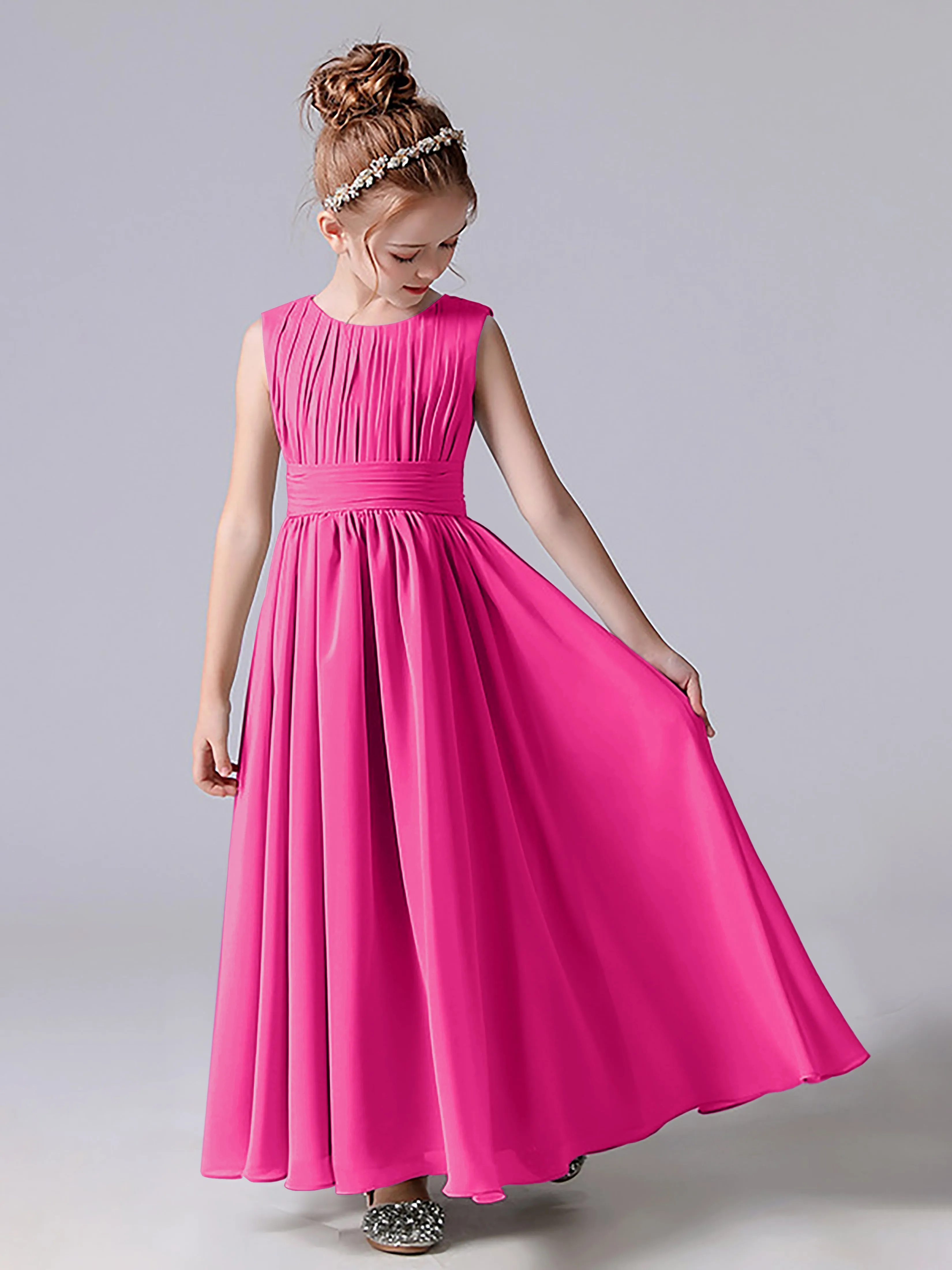 Pleats Scoop Sleeveless Junior Bridesmaid Dress