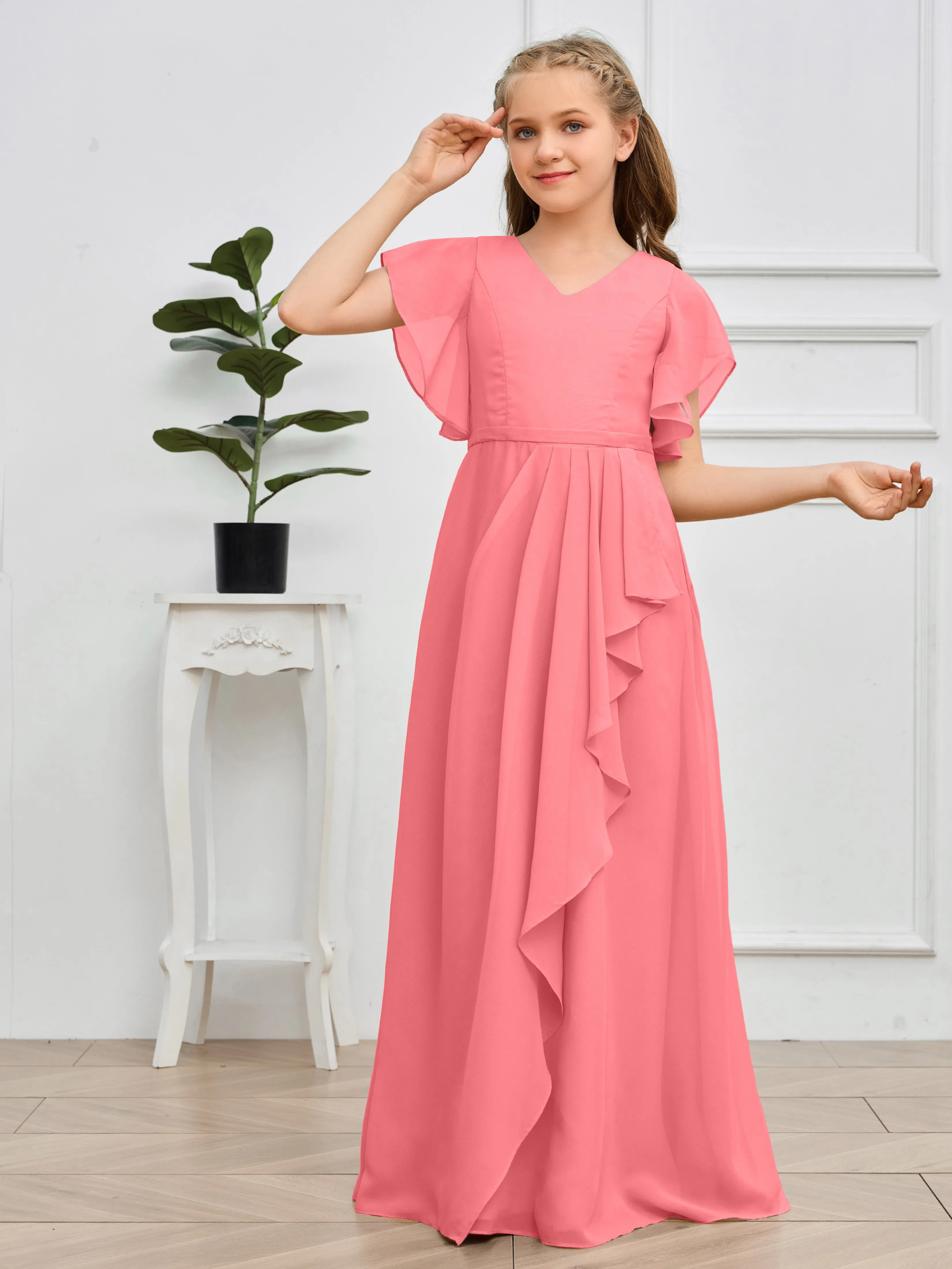 Pleats V Neck Chiffon Junior Bridesmaid Dress