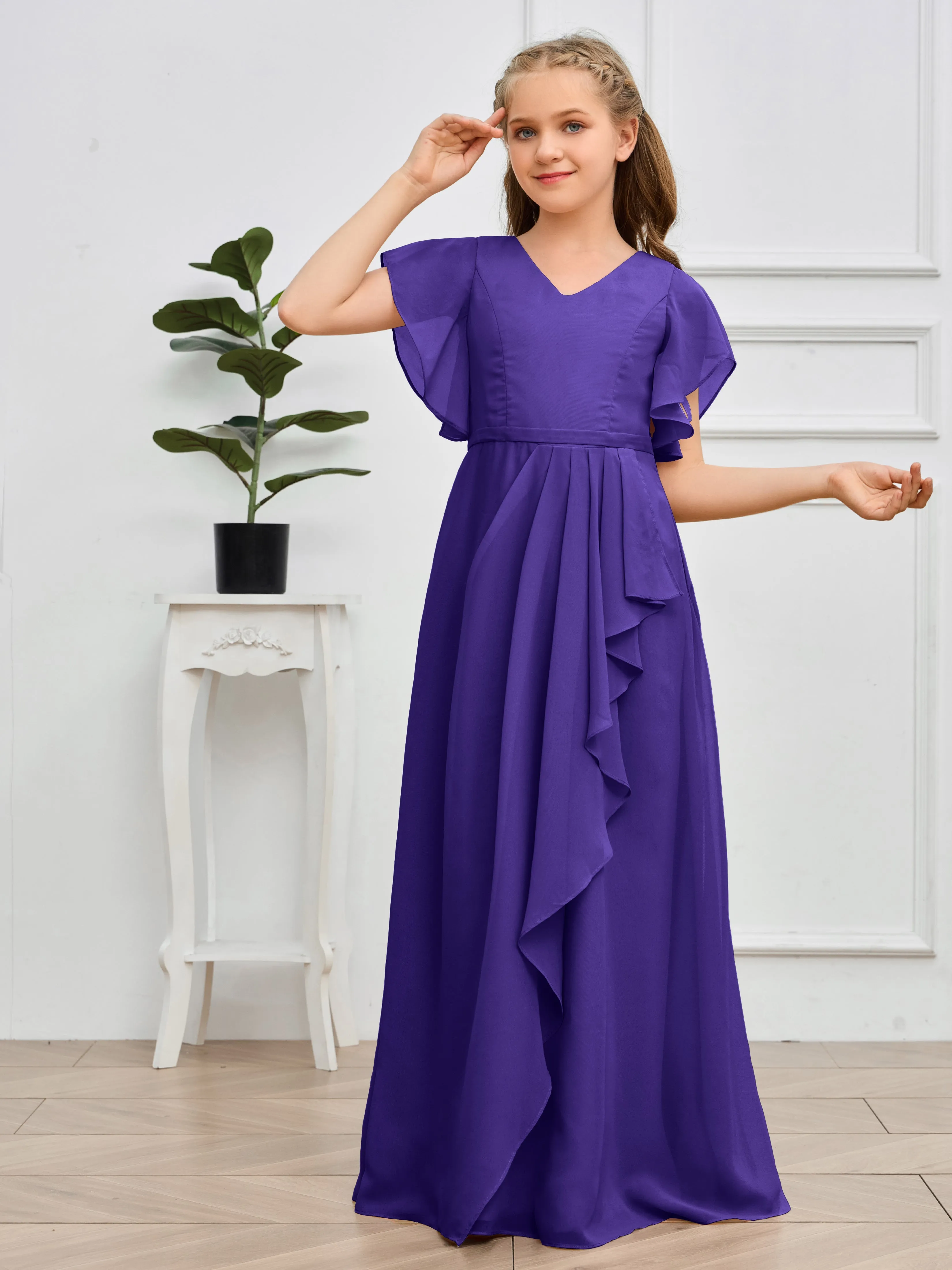 Pleats V Neck Chiffon Junior Bridesmaid Dress