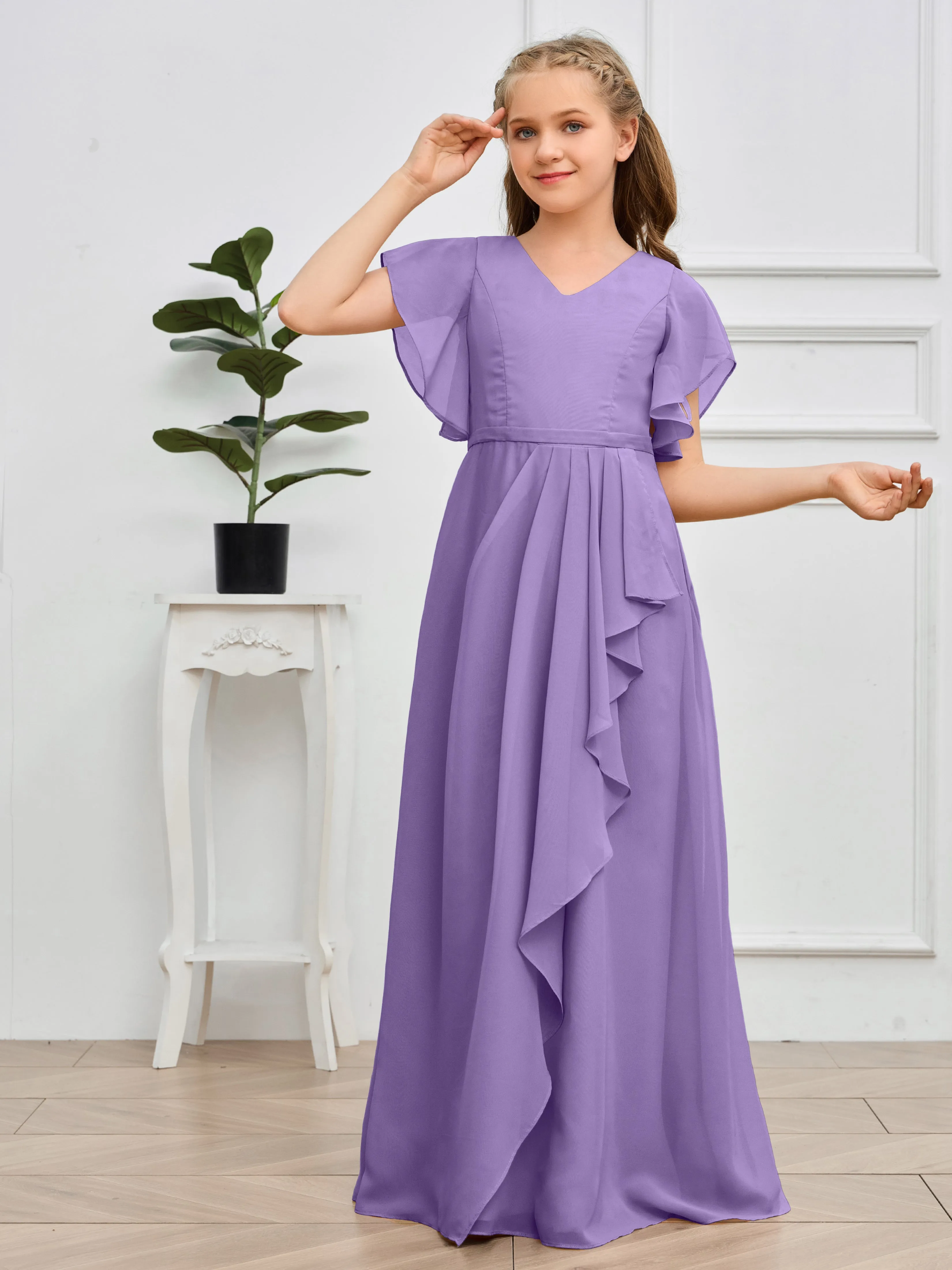 Pleats V Neck Chiffon Junior Bridesmaid Dress