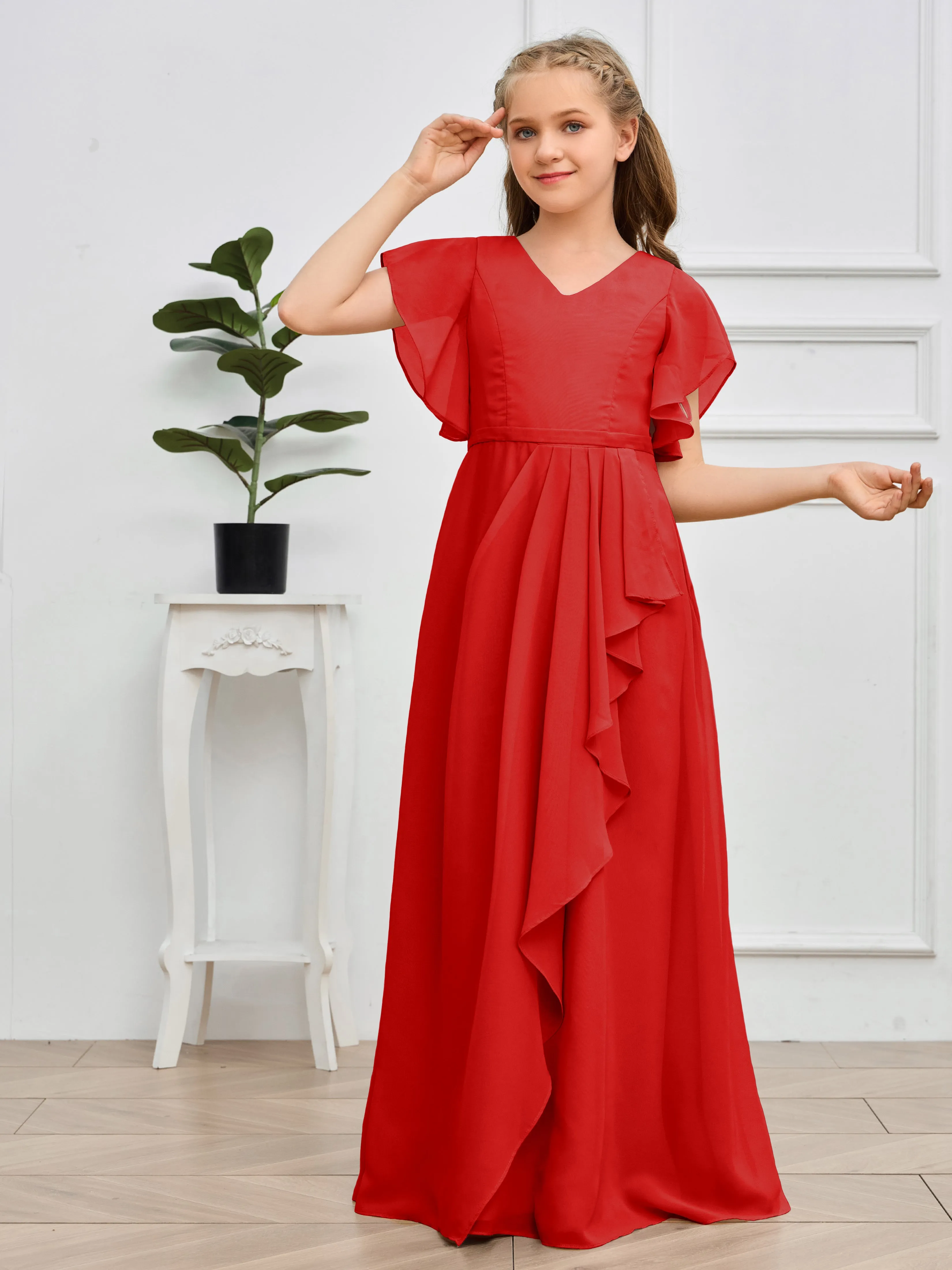 Pleats V Neck Chiffon Junior Bridesmaid Dress