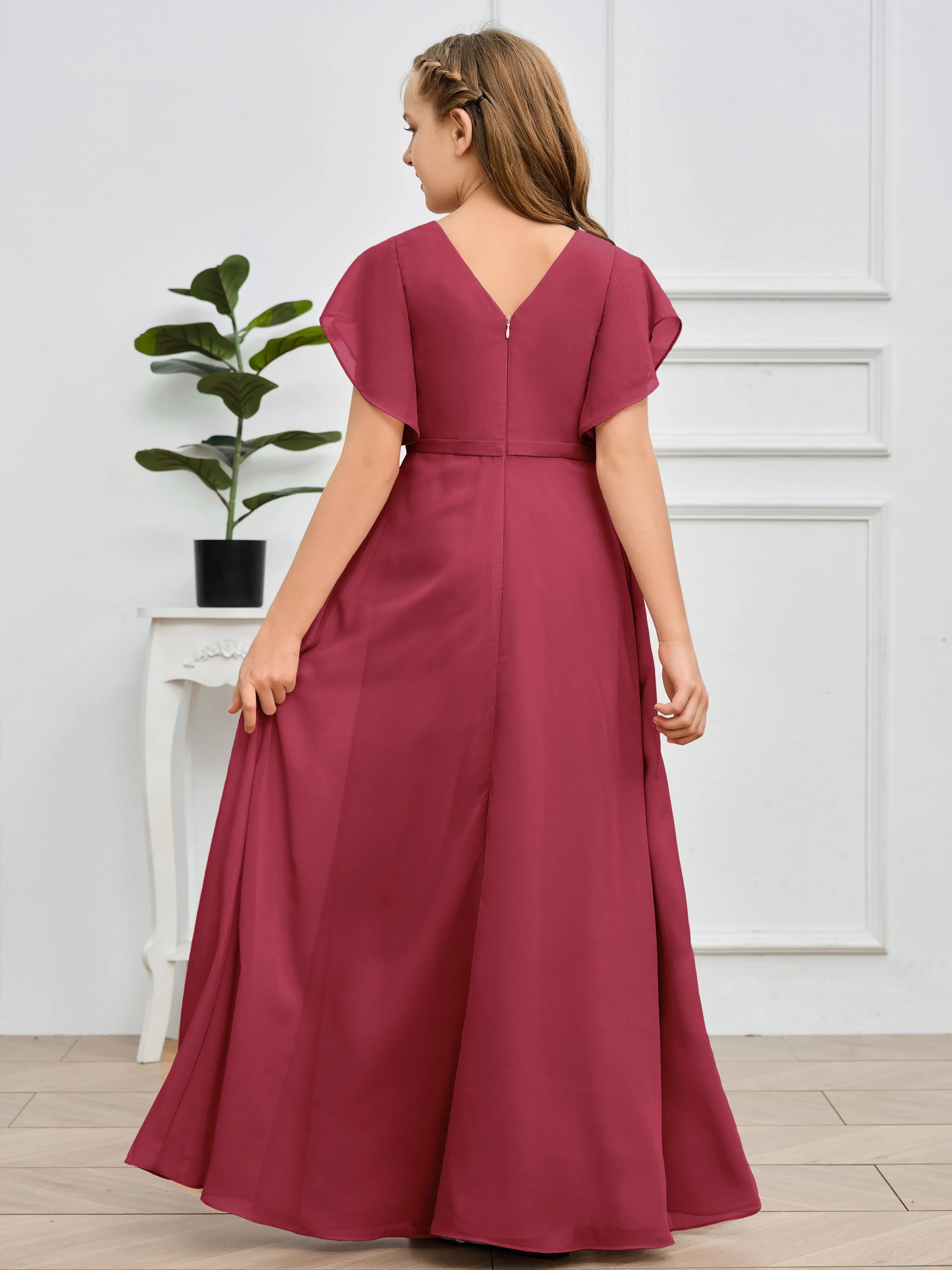 Pleats V Neck Chiffon Junior Bridesmaid Dress