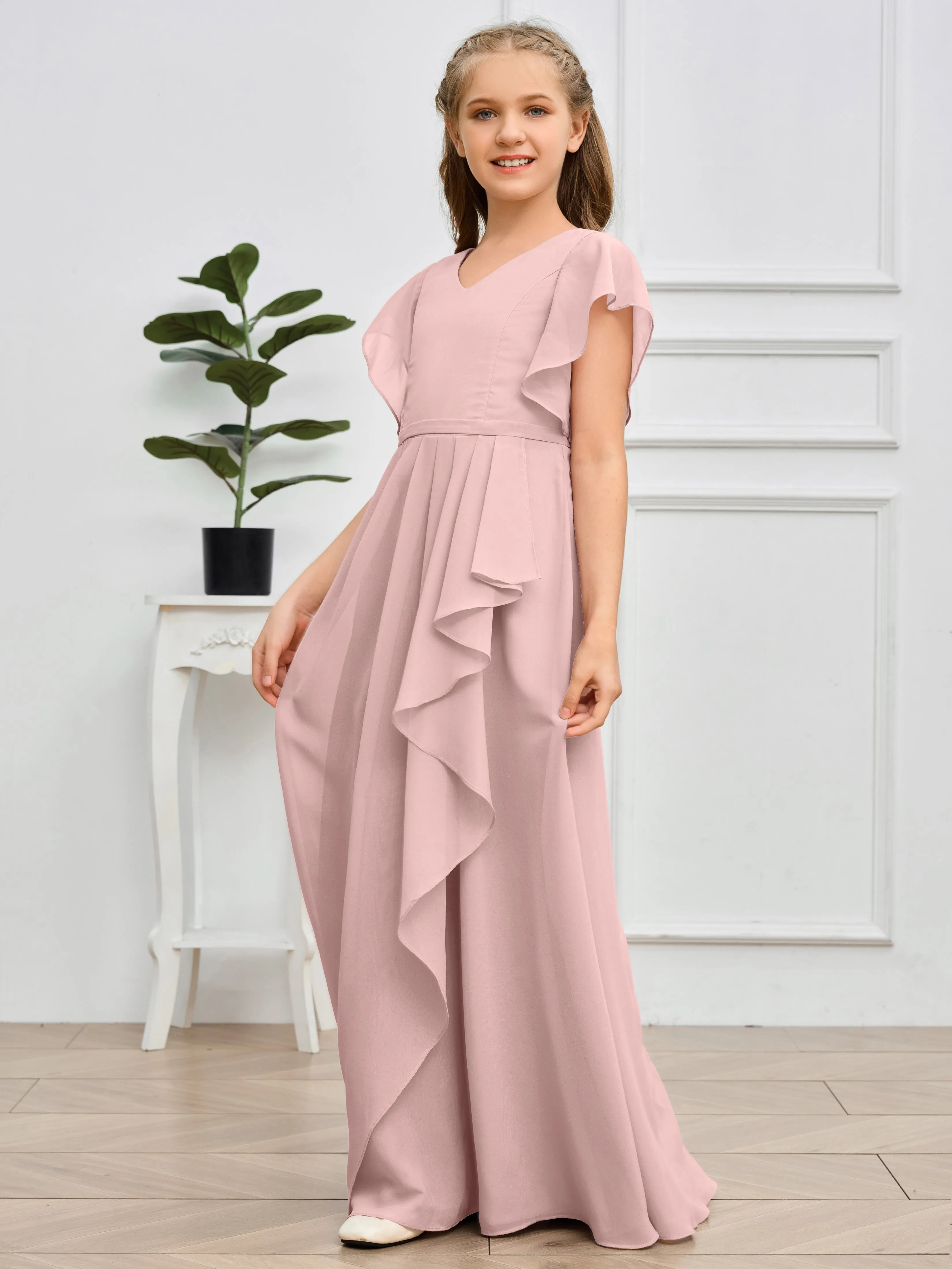 Pleats V Neck Chiffon Junior Bridesmaid Dress