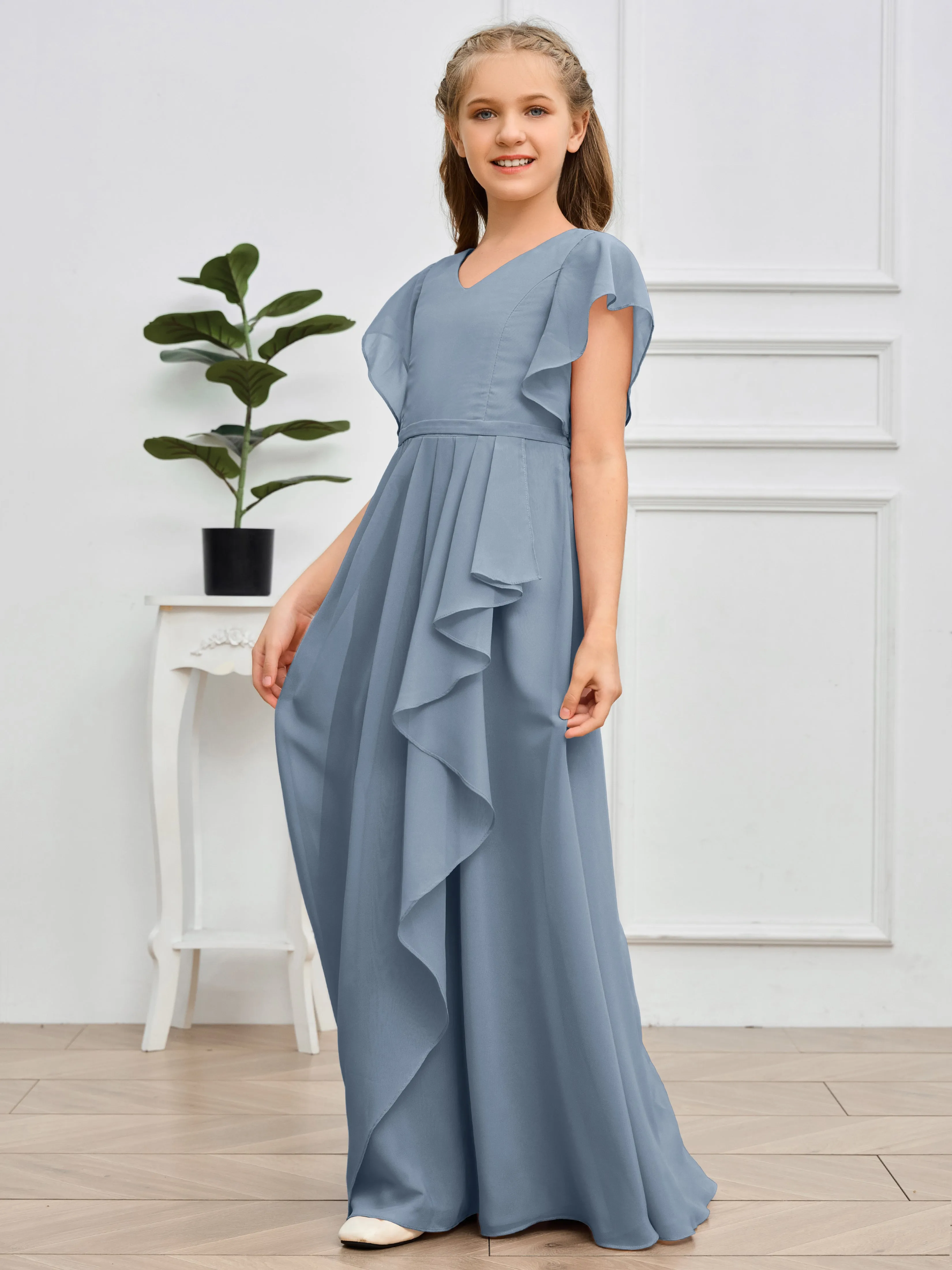 Pleats V Neck Chiffon Junior Bridesmaid Dress