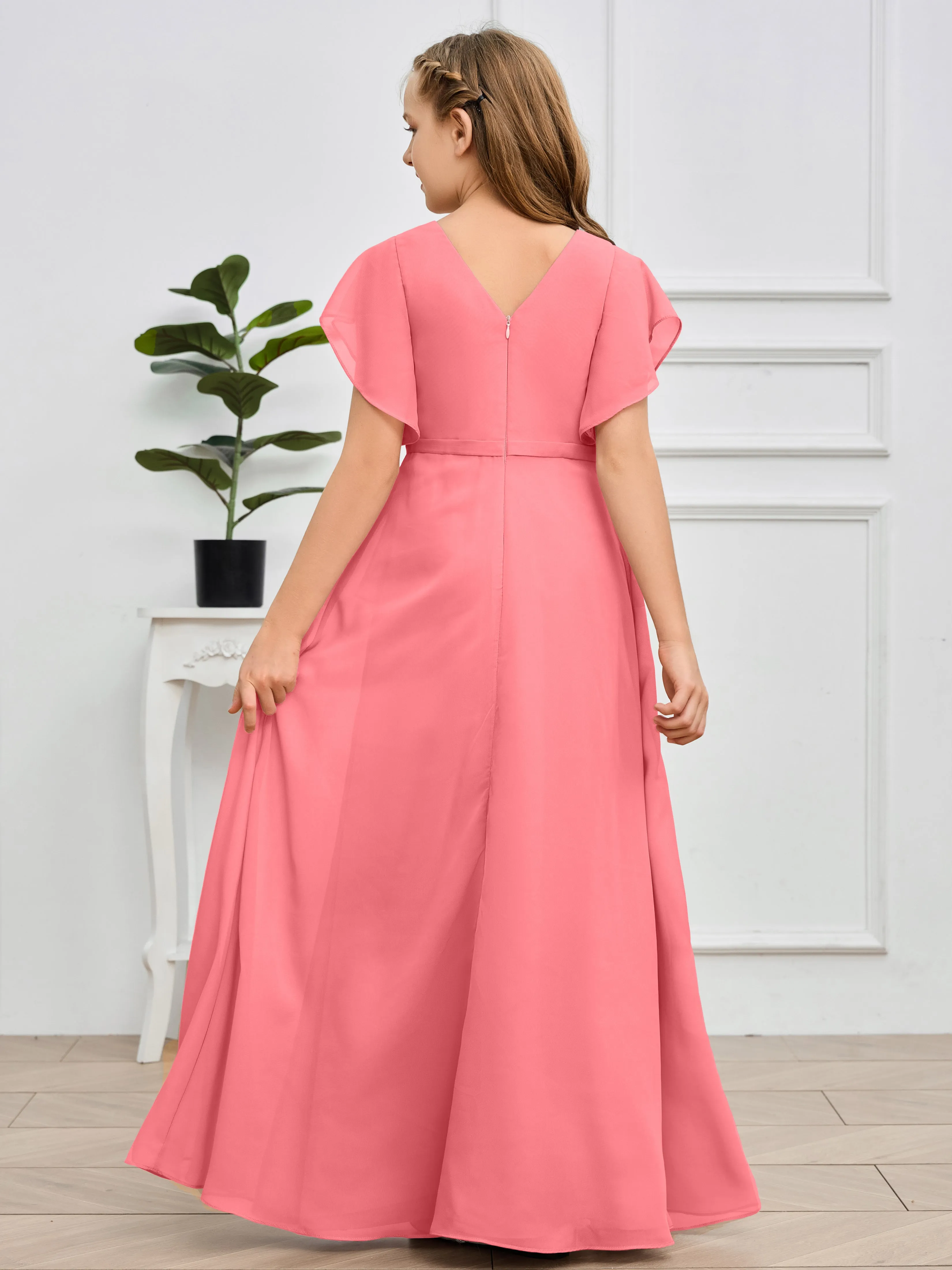 Pleats V Neck Chiffon Junior Bridesmaid Dress