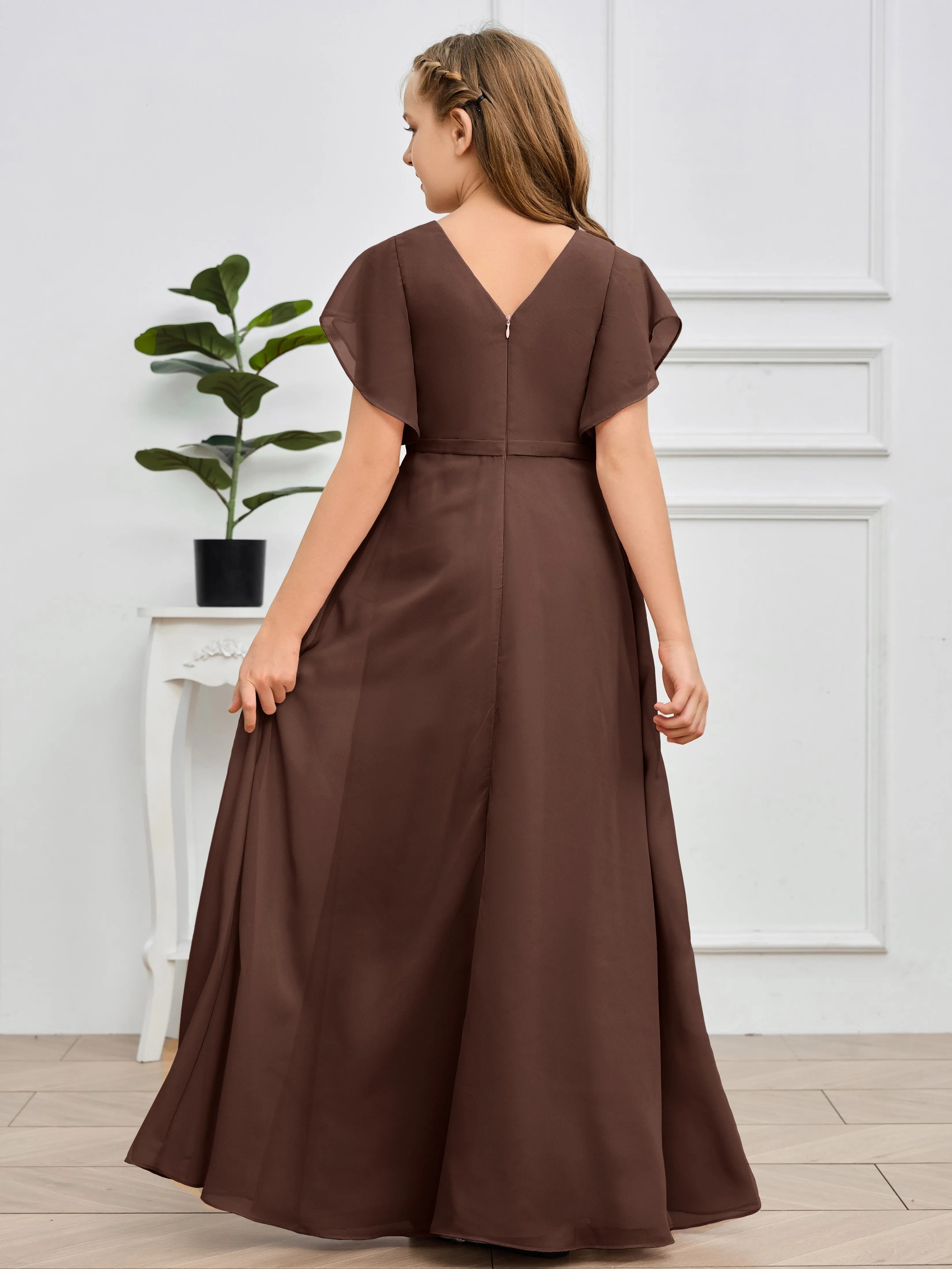 Pleats V Neck Chiffon Junior Bridesmaid Dress