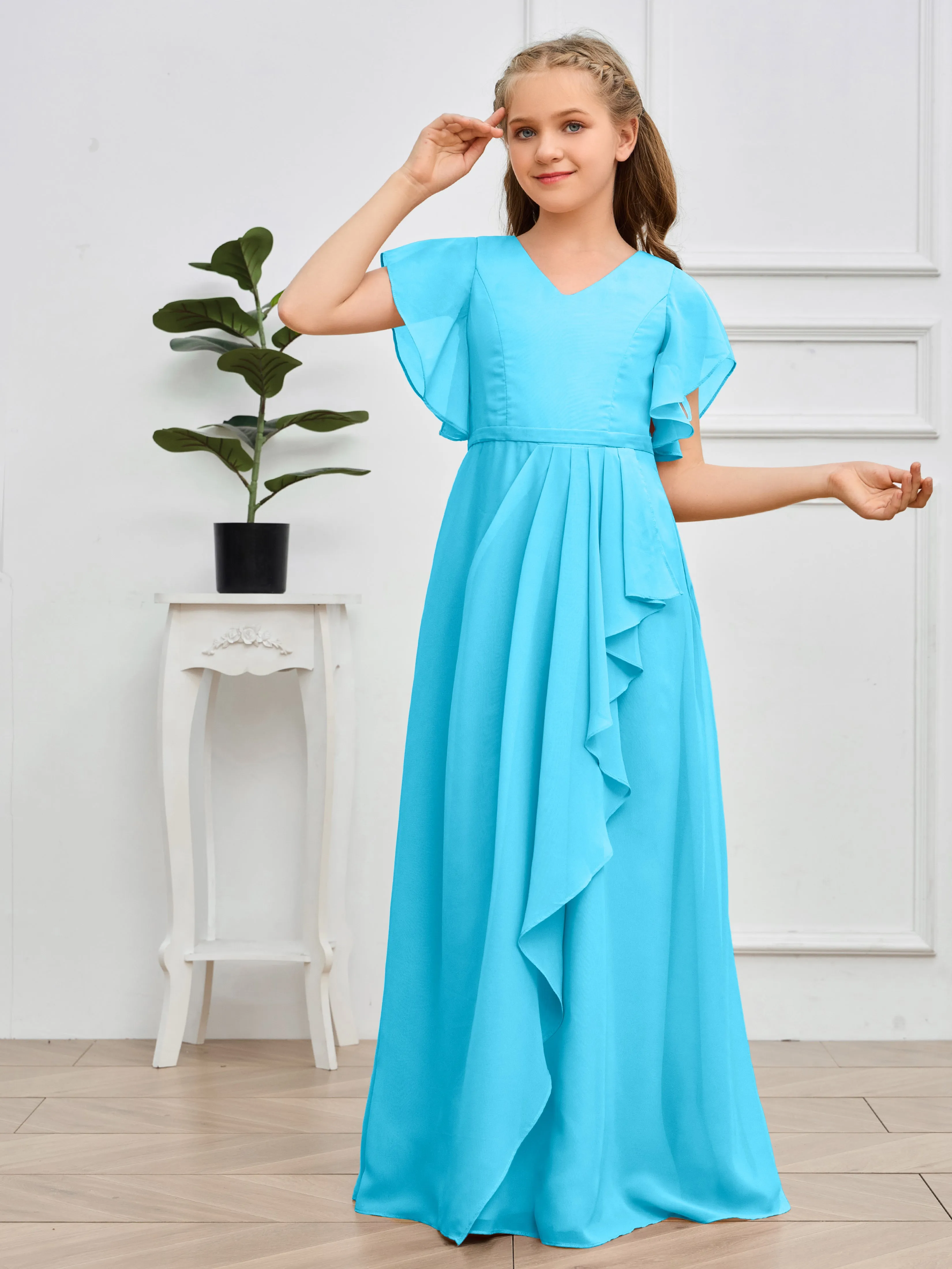 Pleats V Neck Chiffon Junior Bridesmaid Dress