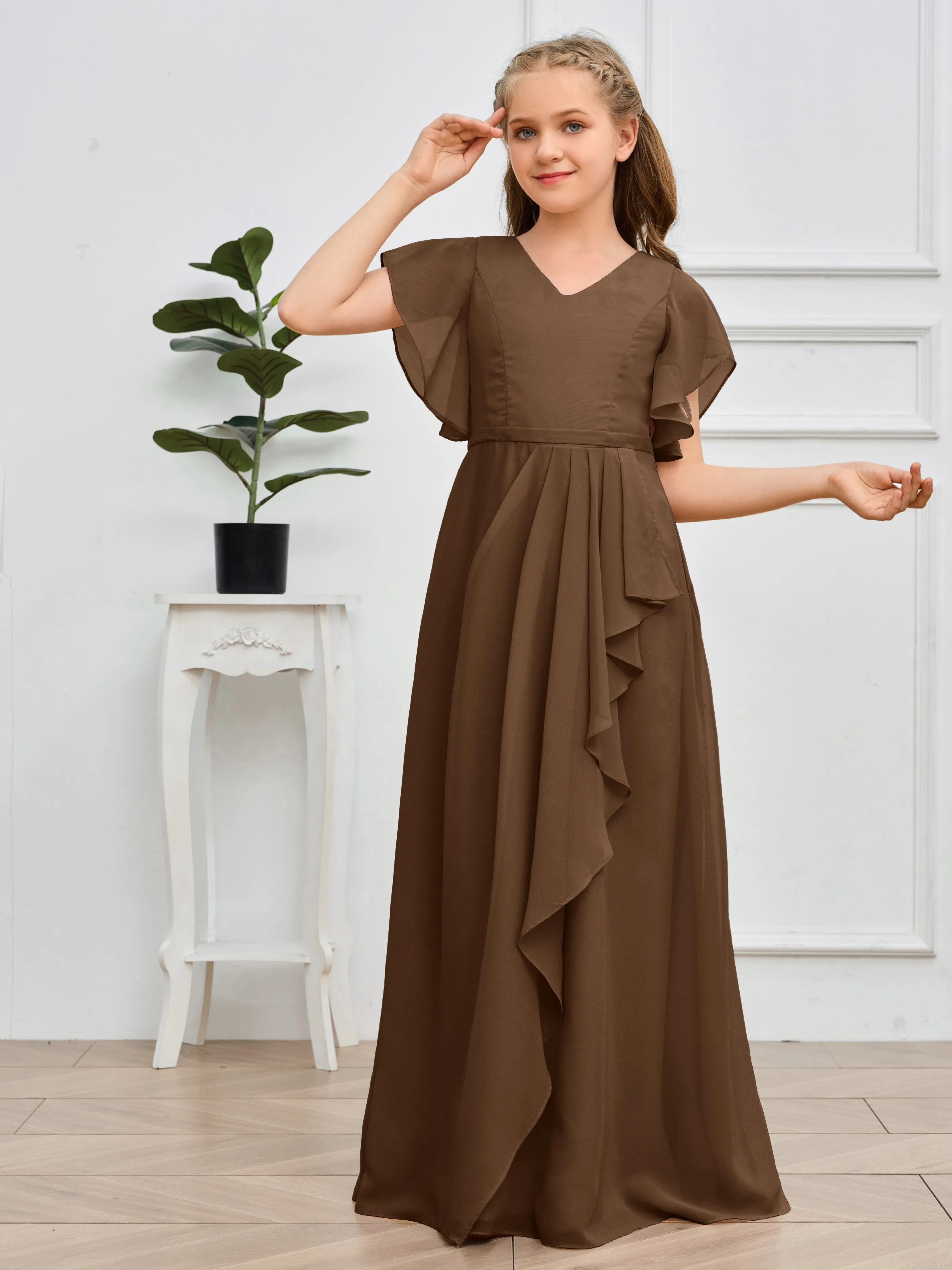 Pleats V Neck Chiffon Junior Bridesmaid Dress