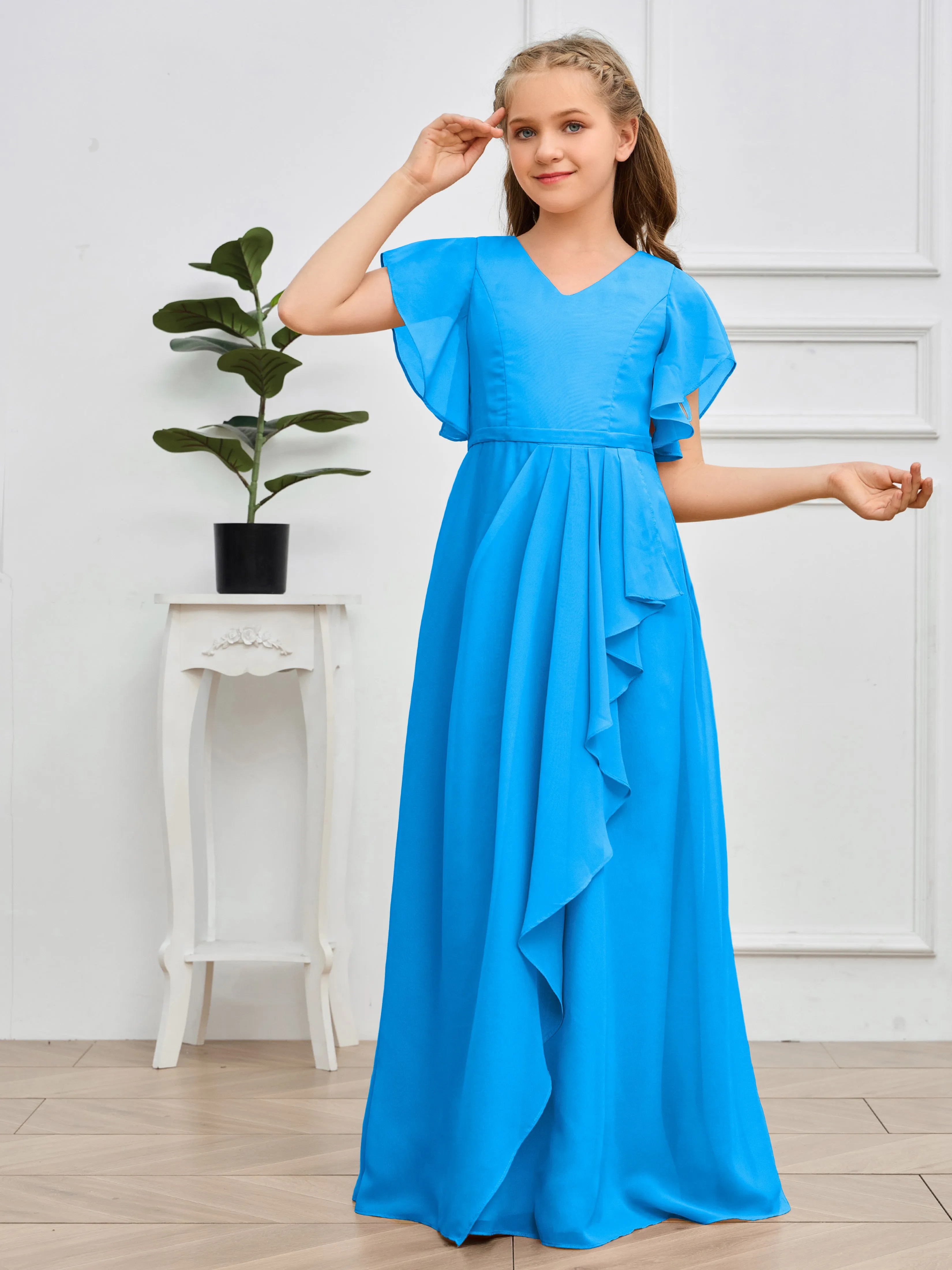 Pleats V Neck Chiffon Junior Bridesmaid Dress