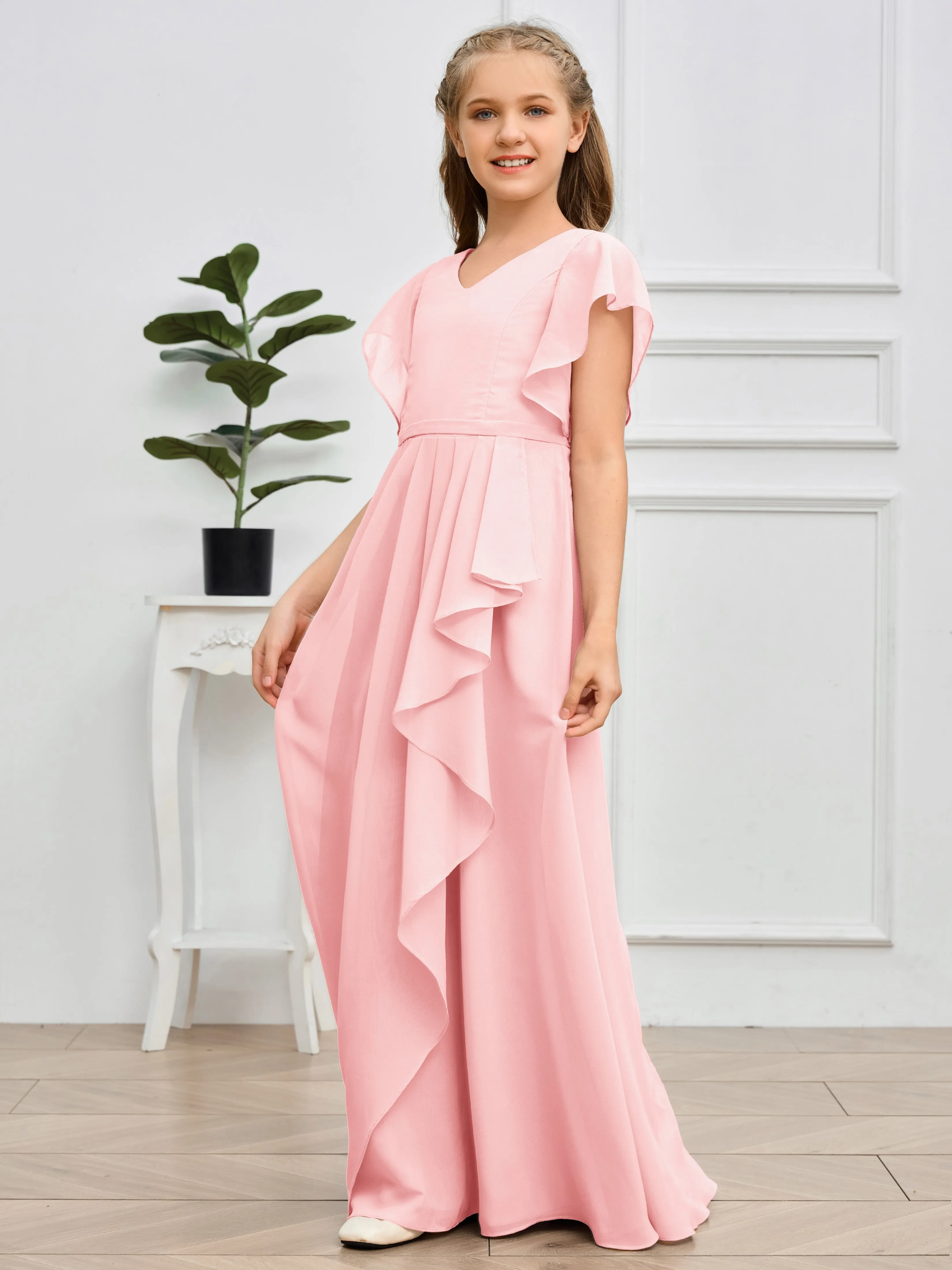 Pleats V Neck Chiffon Junior Bridesmaid Dress