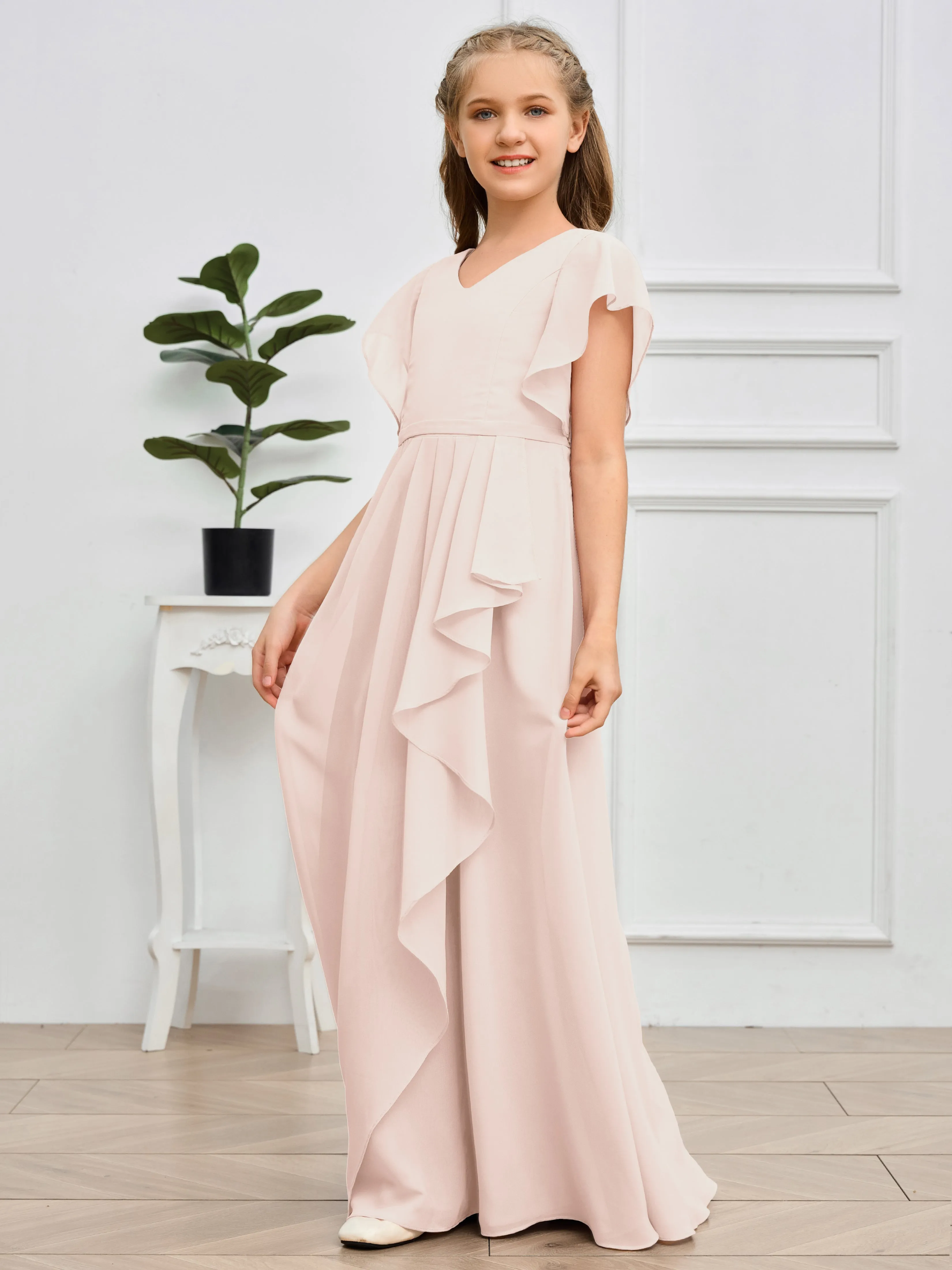 Pleats V Neck Chiffon Junior Bridesmaid Dress