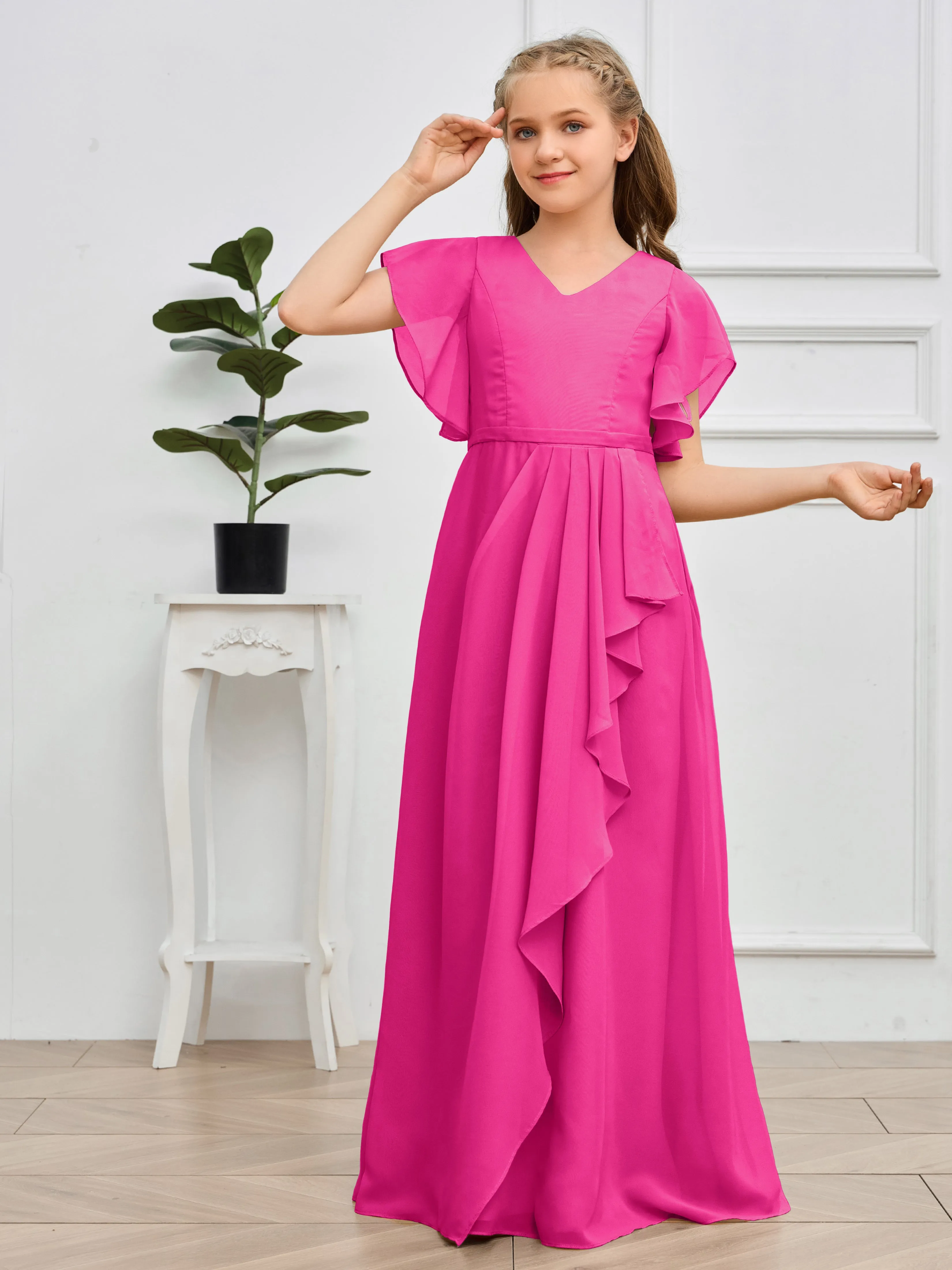 Pleats V Neck Chiffon Junior Bridesmaid Dress