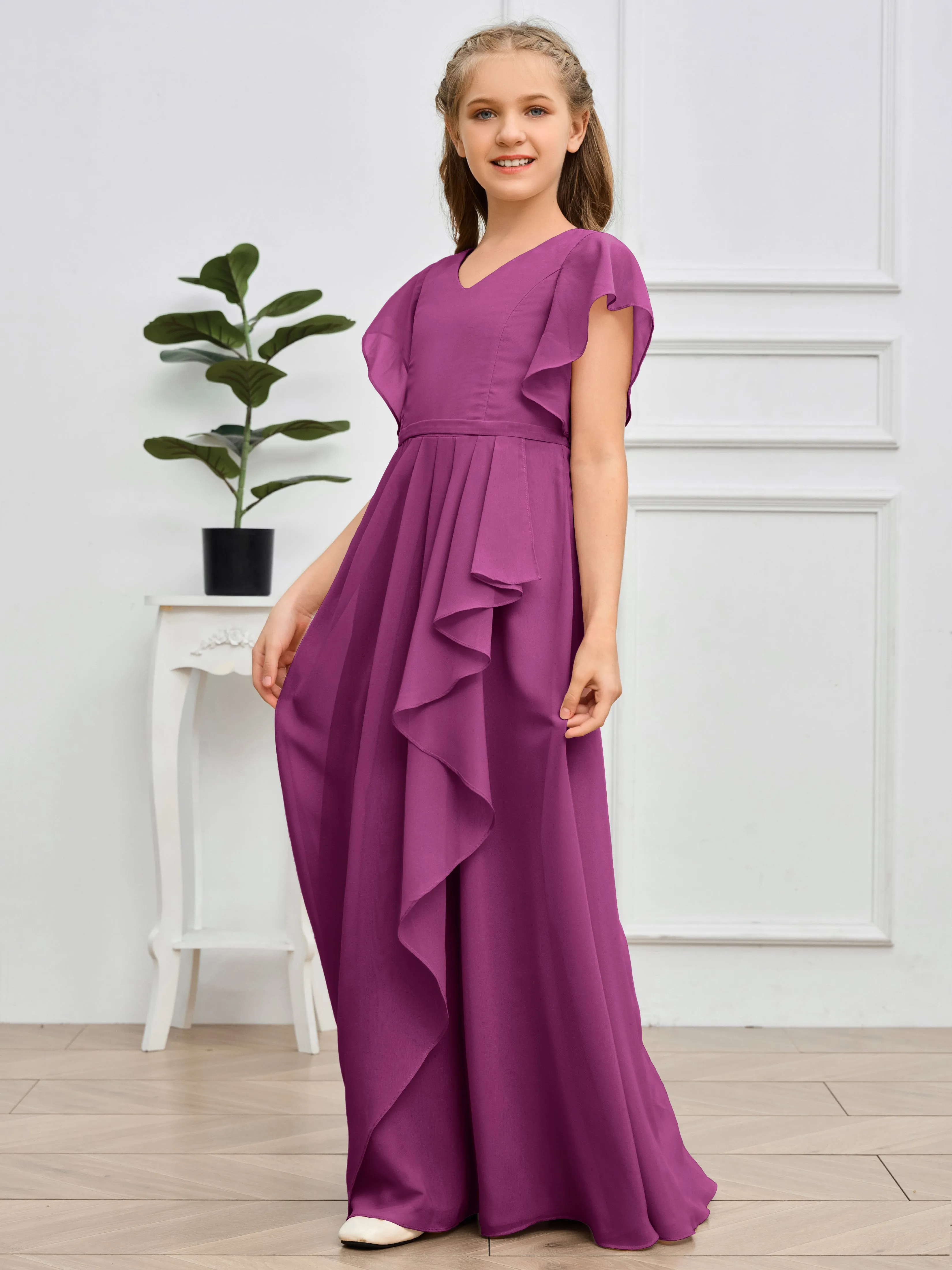 Pleats V Neck Chiffon Junior Bridesmaid Dress