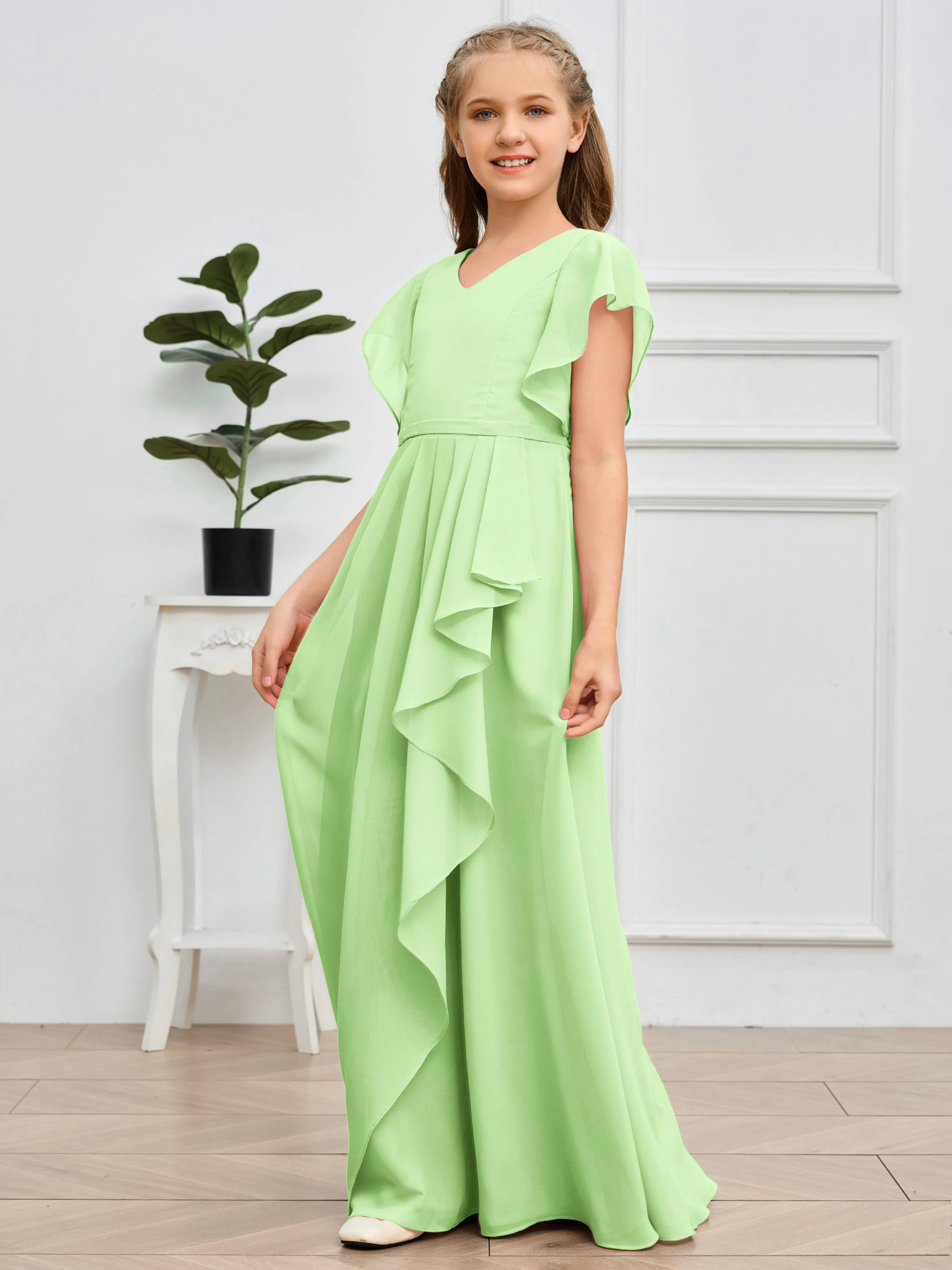 Pleats V Neck Chiffon Junior Bridesmaid Dress