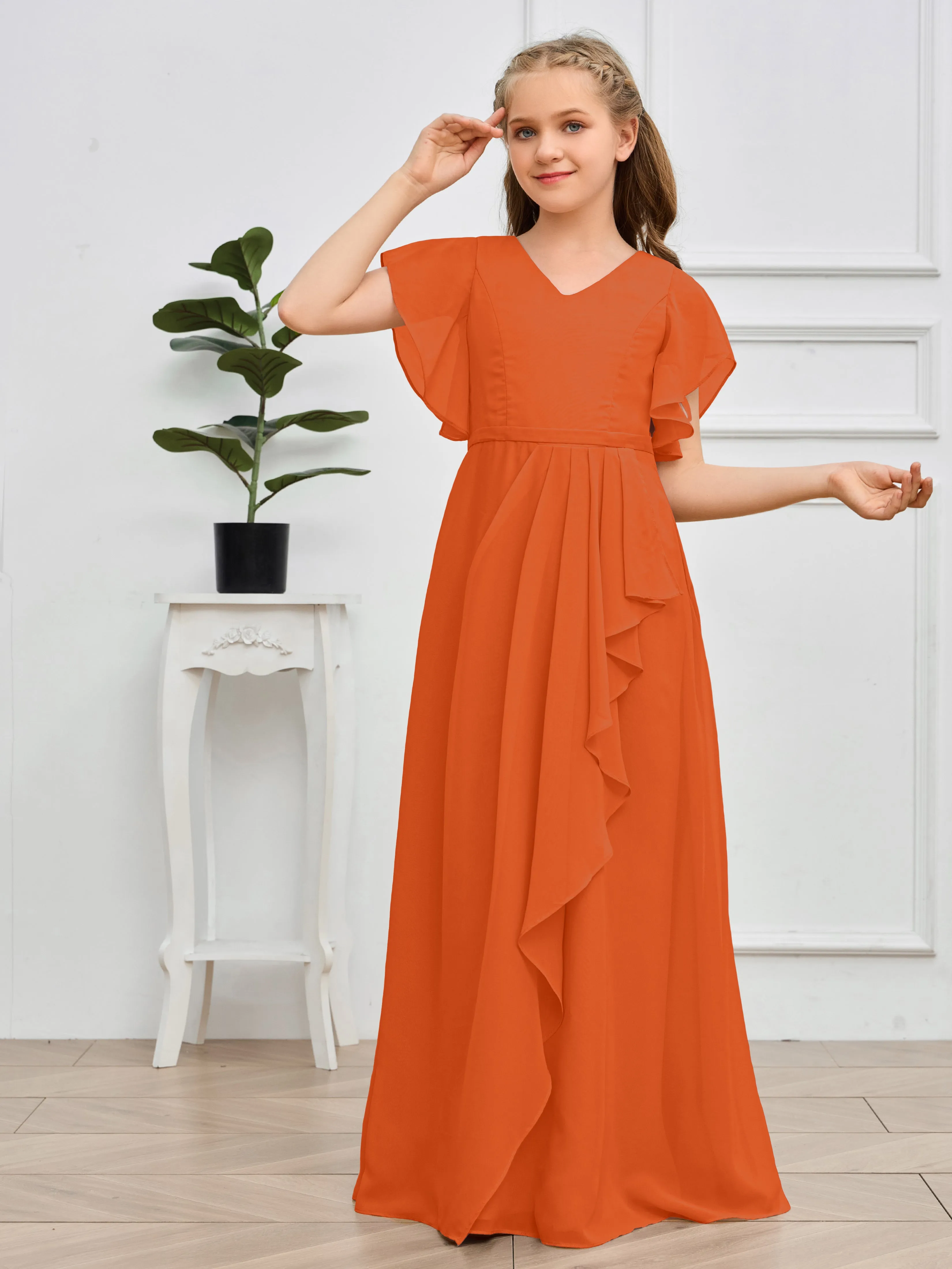 Pleats V Neck Chiffon Junior Bridesmaid Dress