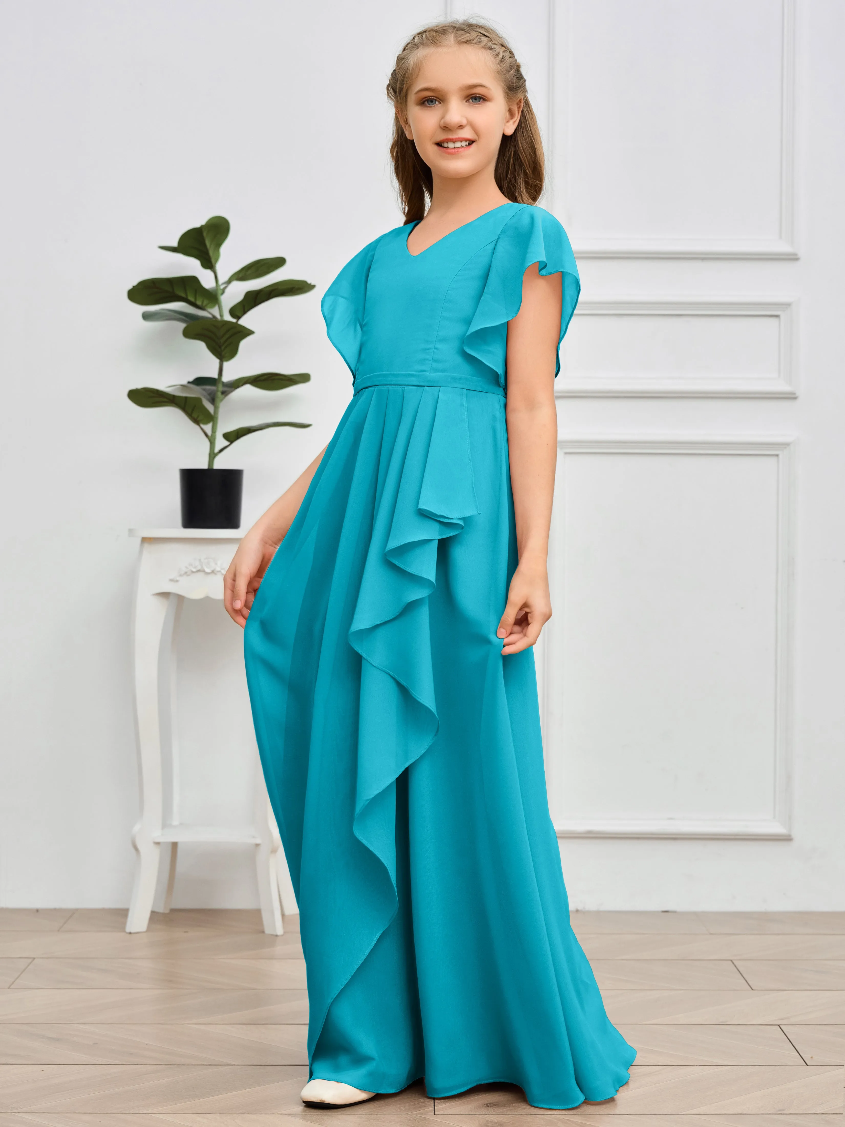 Pleats V Neck Chiffon Junior Bridesmaid Dress