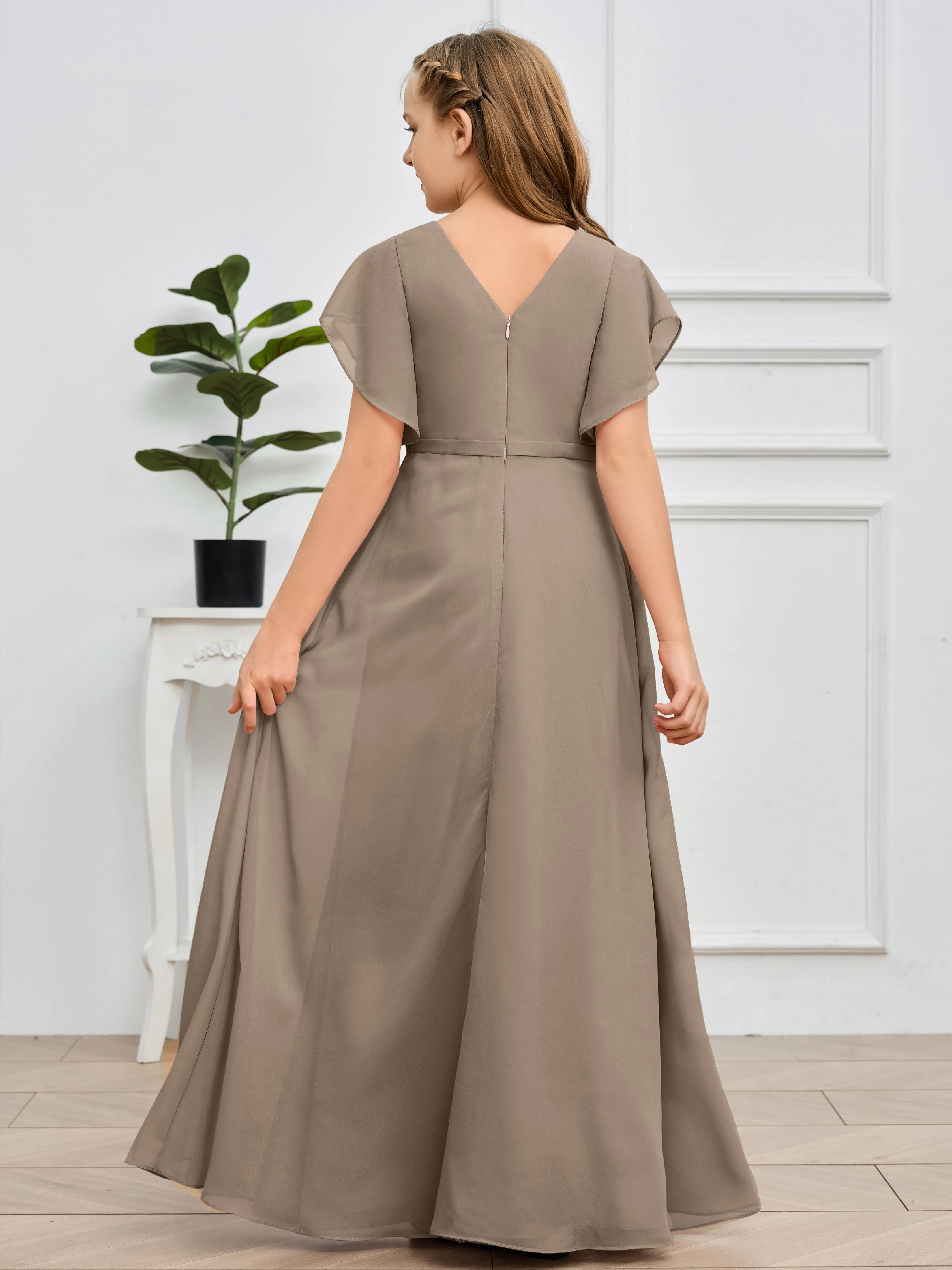 Pleats V Neck Chiffon Junior Bridesmaid Dress