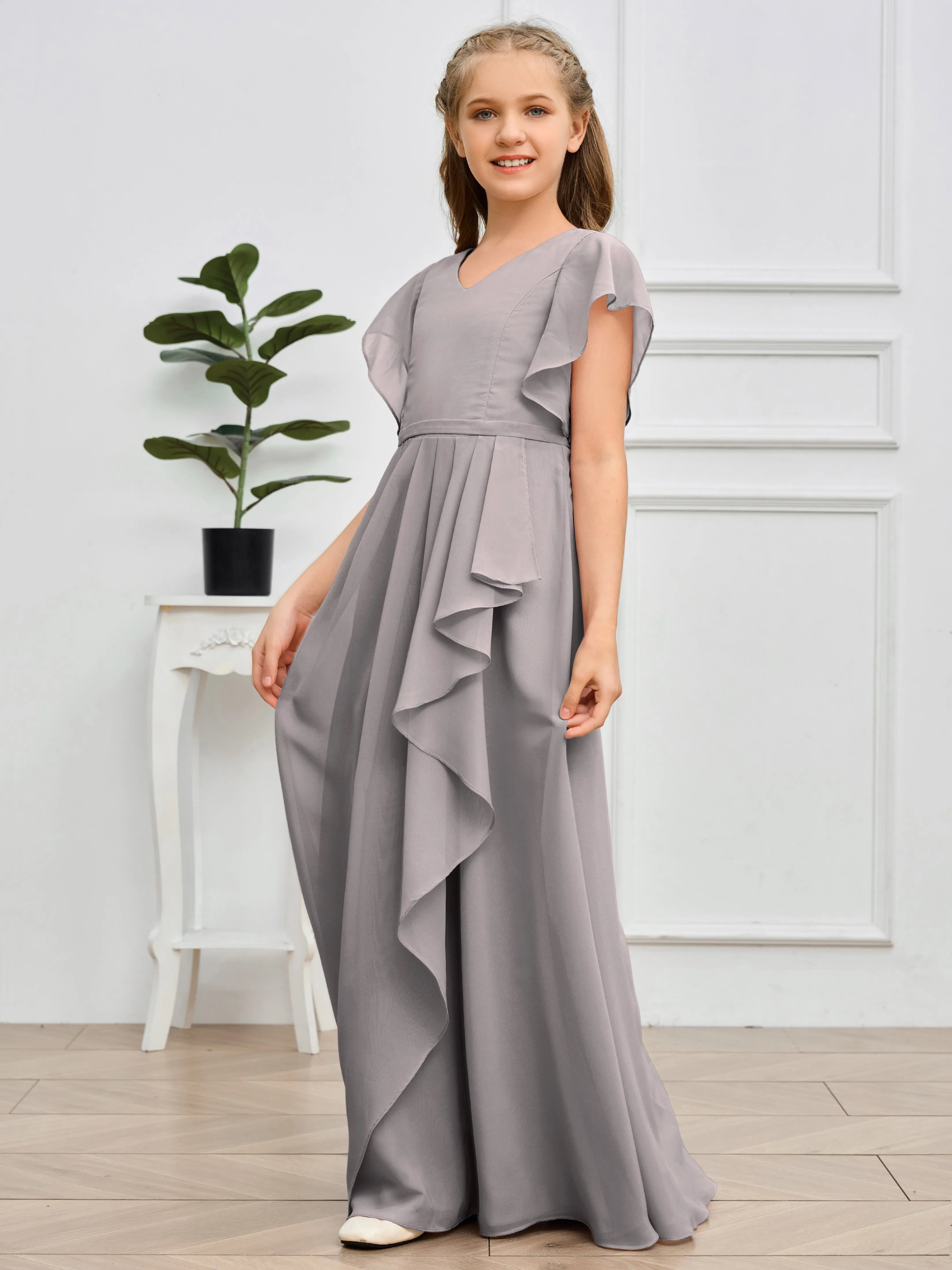 Pleats V Neck Chiffon Junior Bridesmaid Dress