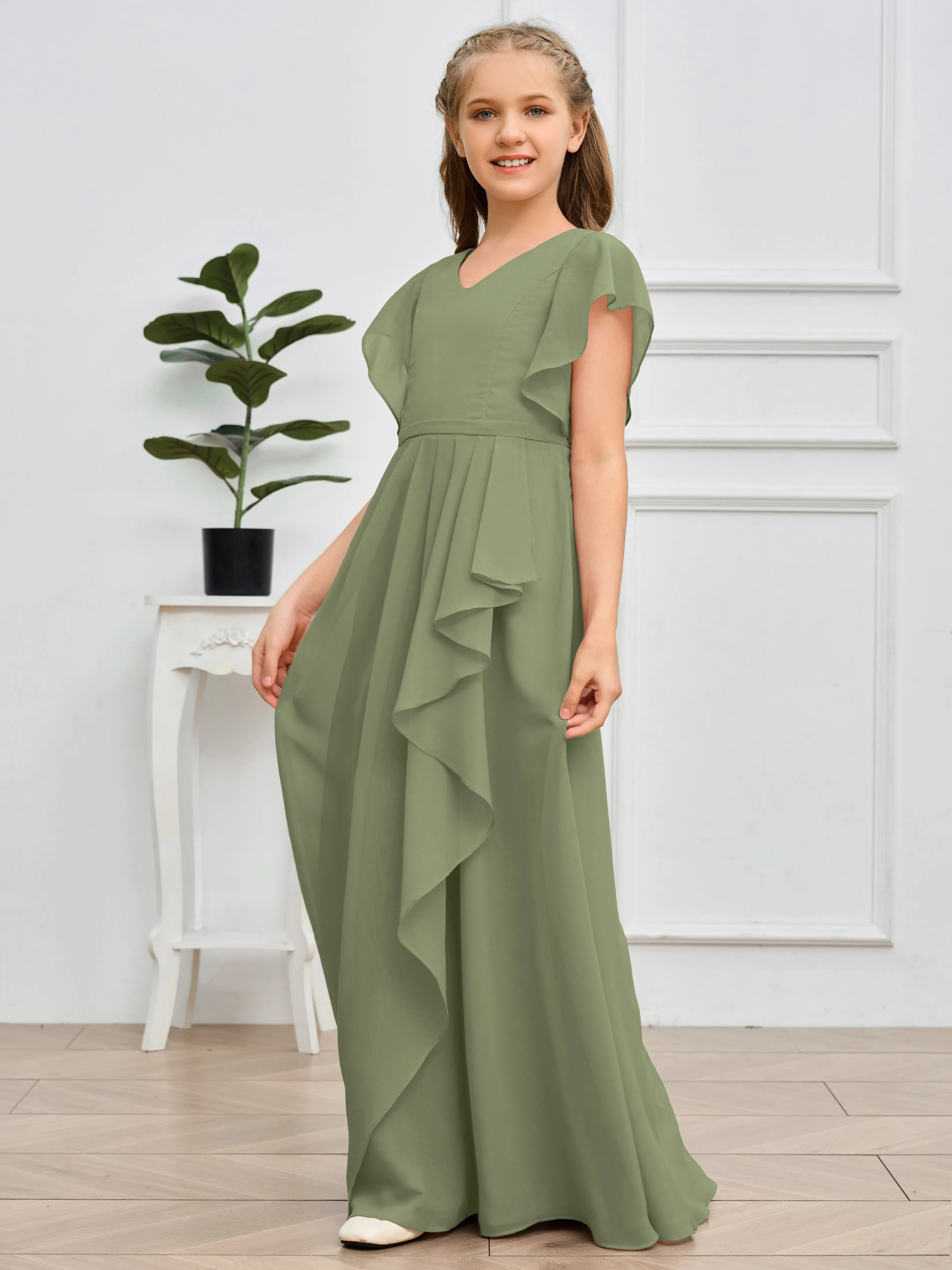 Pleats V Neck Chiffon Junior Bridesmaid Dress